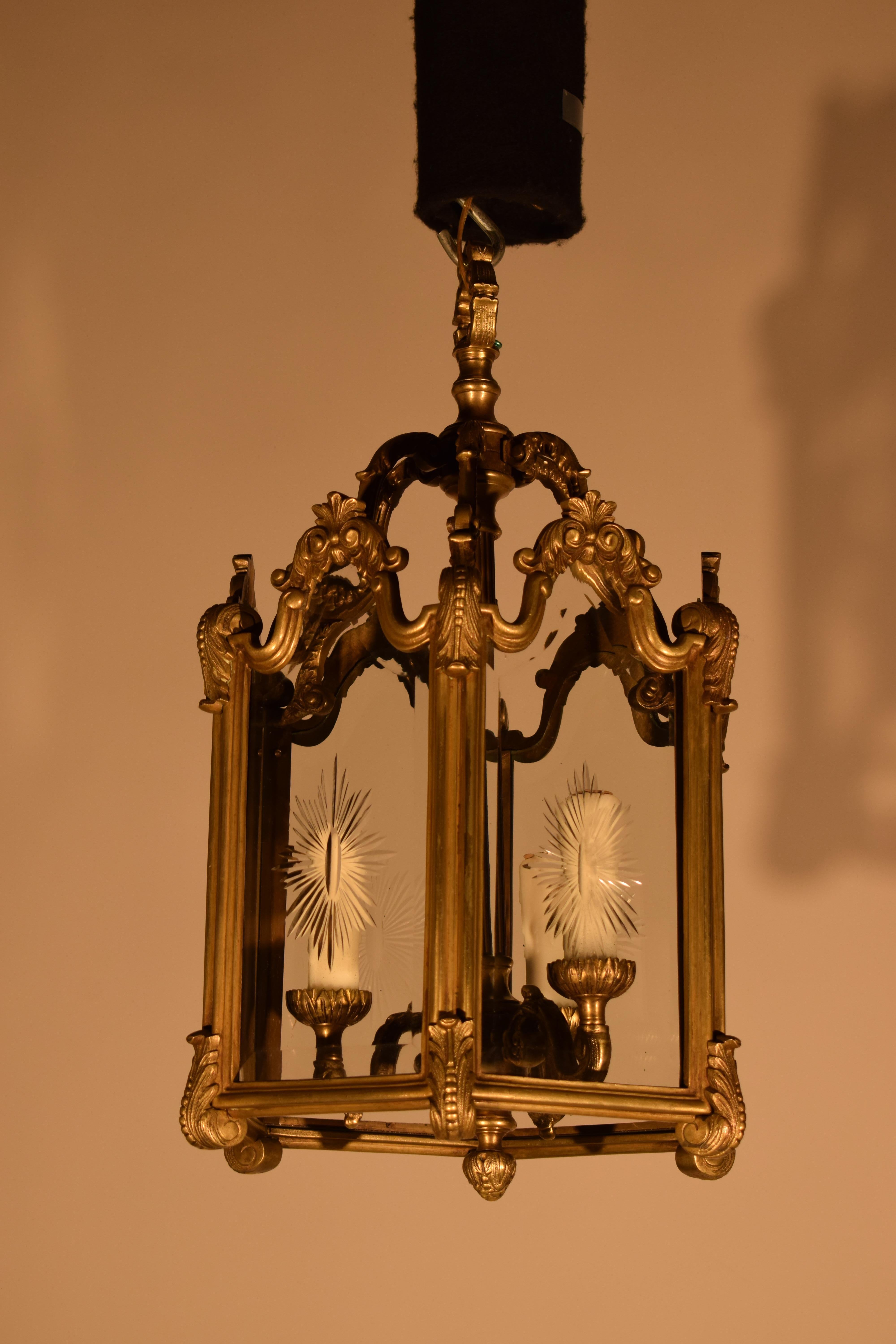 Hexagonal Gilt Bronze Lantern with Hand Cut Panels. For Sale 3