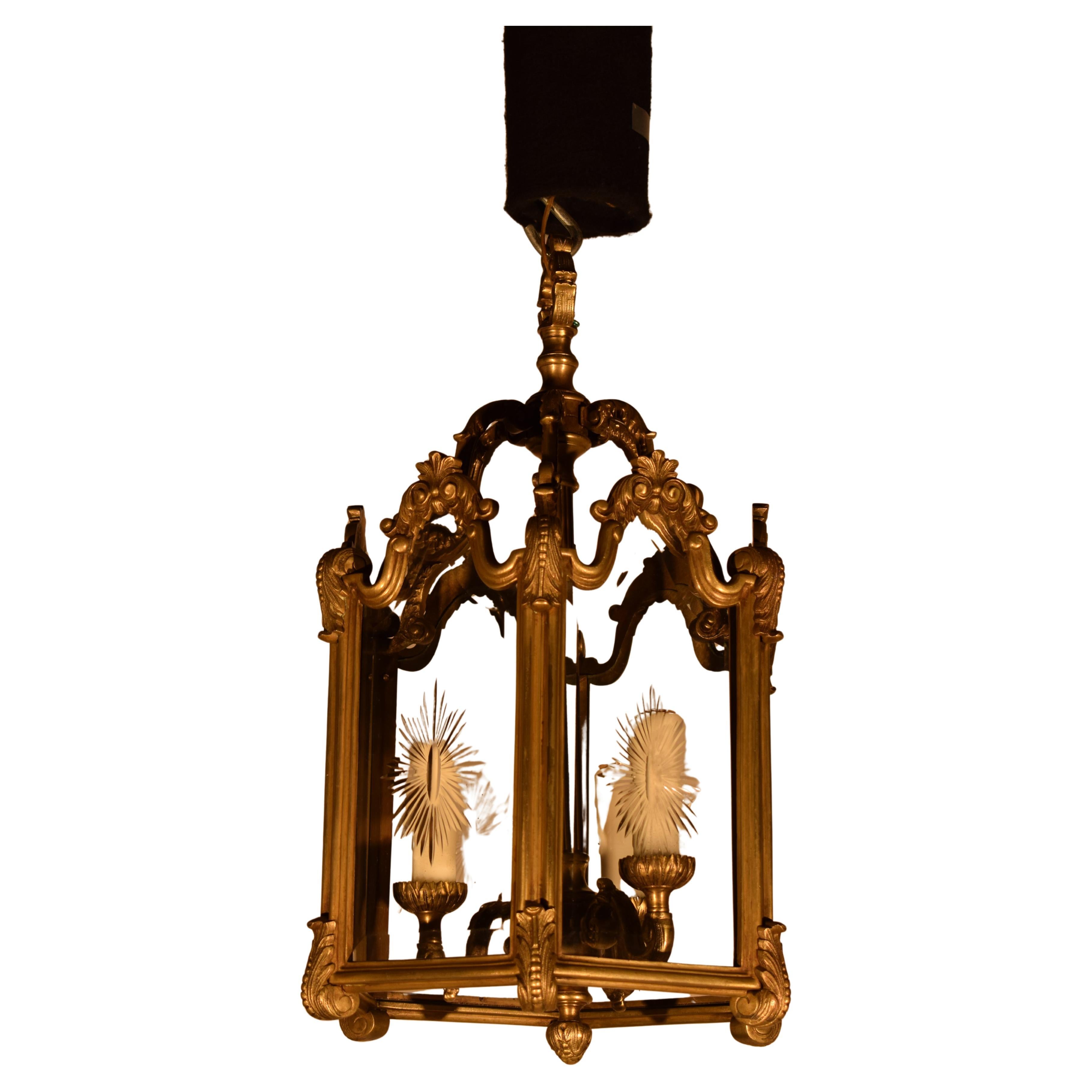 Hexagonal Gilt Bronze Lantern with Hand Cut Panels. For Sale