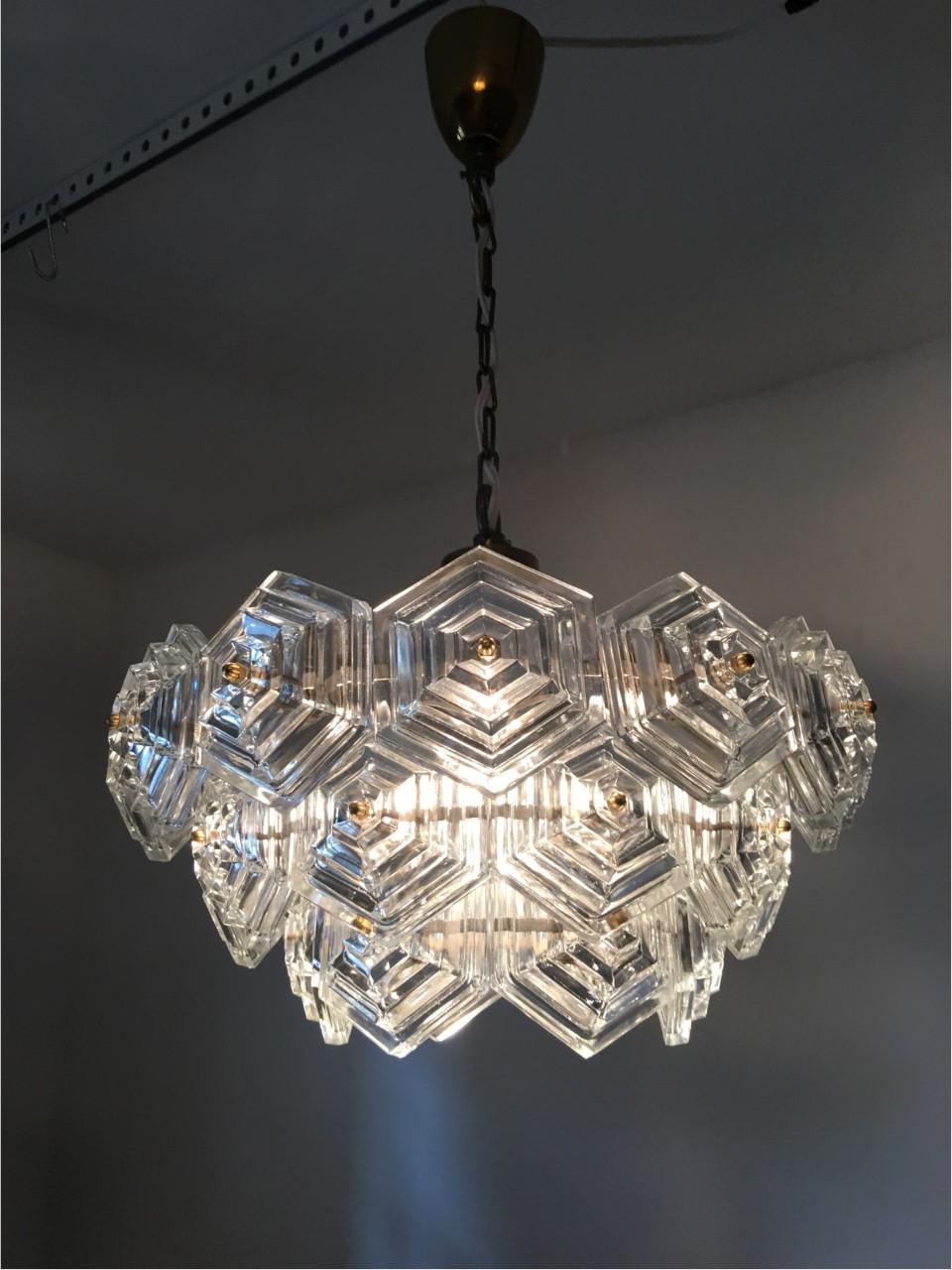 Brass Hexagonal Glass Crystal Chandelier, 1970s, Germany For Sale