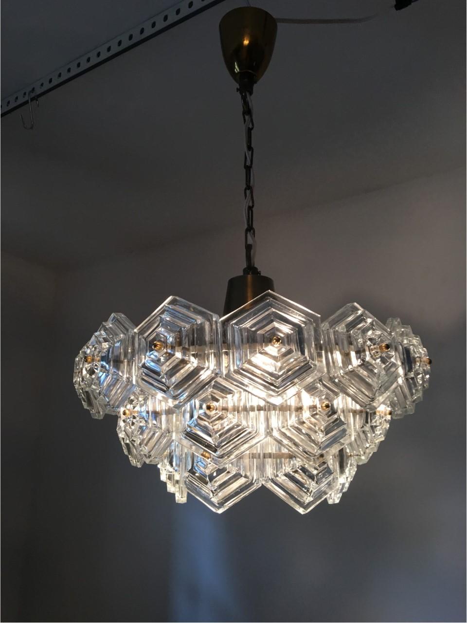 Hexagonal Glass Crystal Chandelier, 1970s, Germany For Sale 1