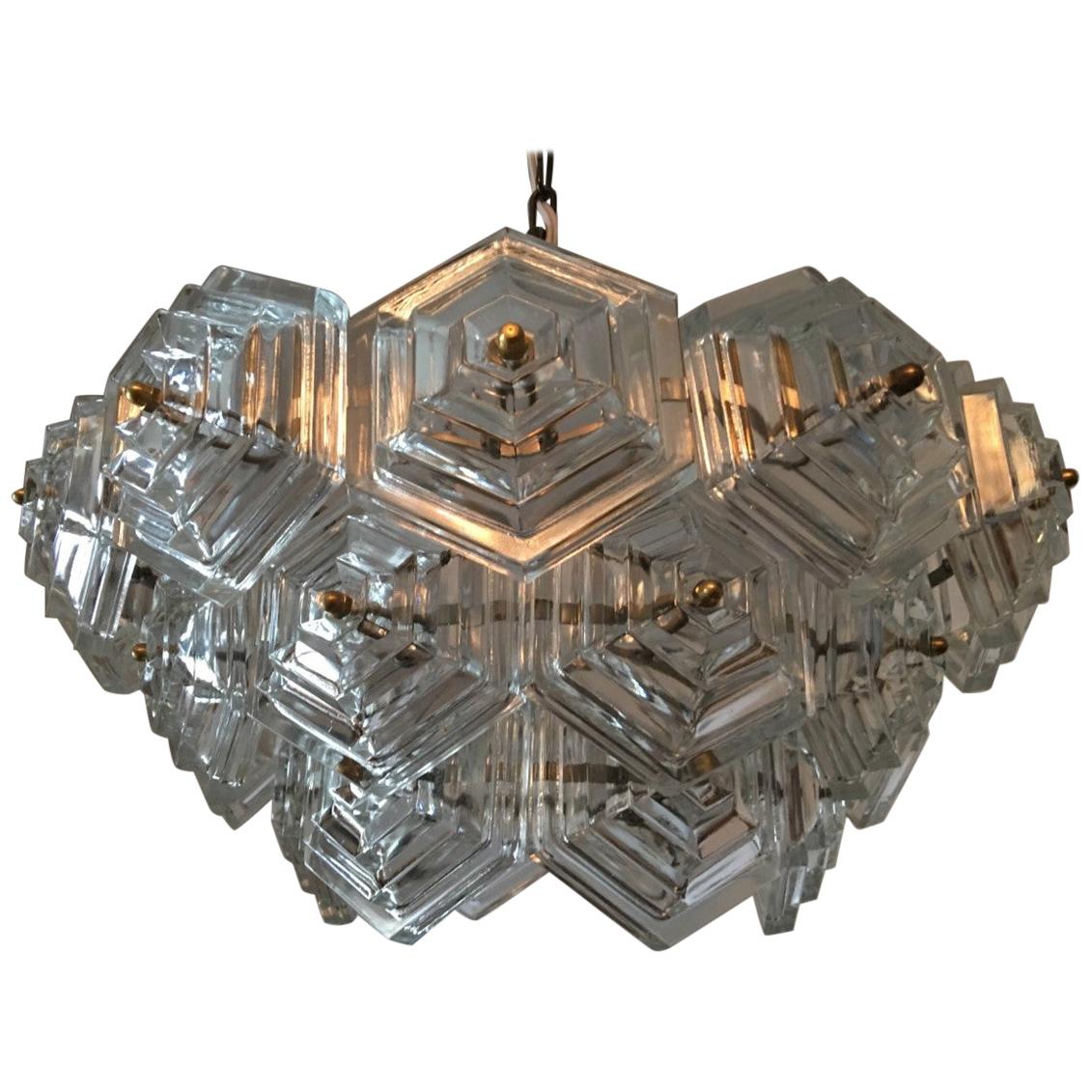 Hexagonal Glass Crystal Chandelier, 1970s, Germany For Sale