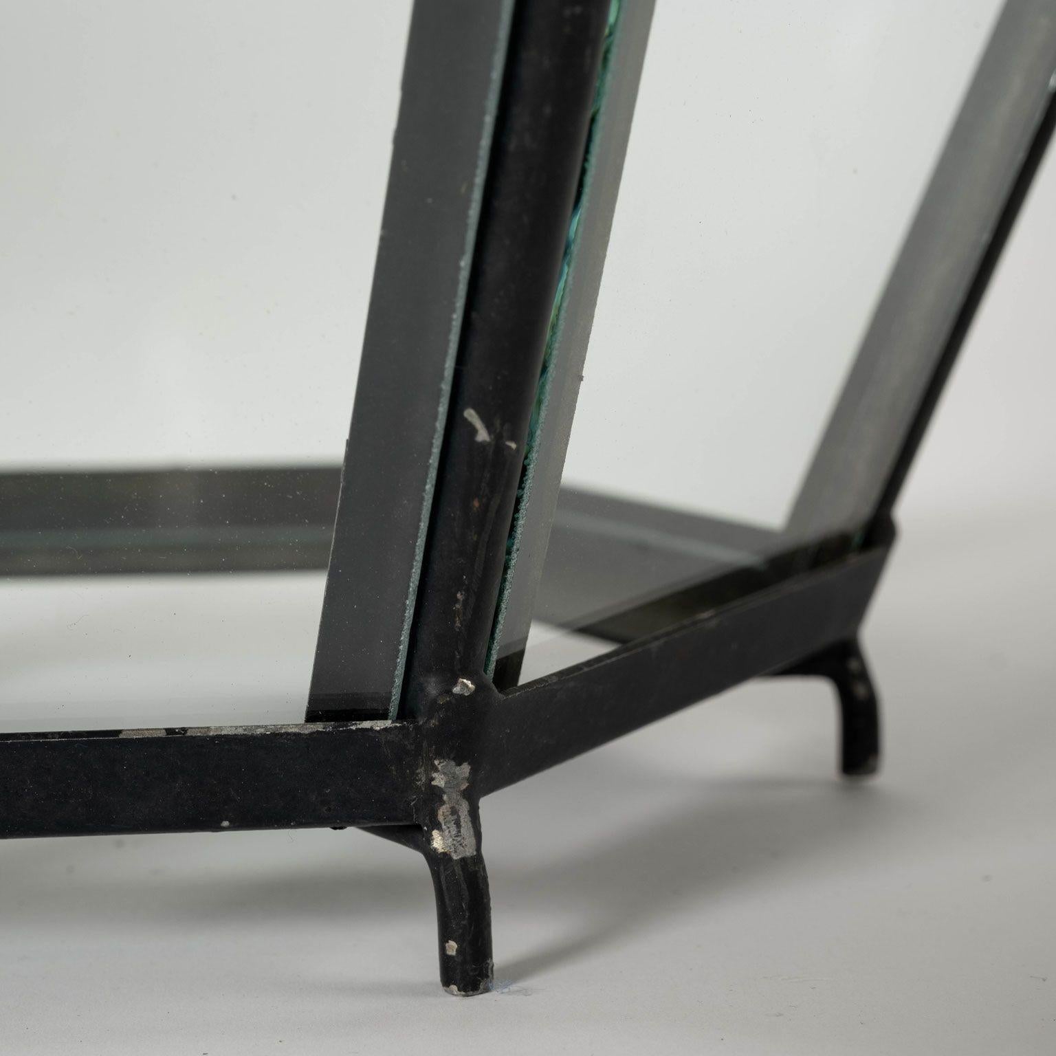 Farol hexagonal de cristal abovedado verde verdigris cobrizo siglo XX en venta