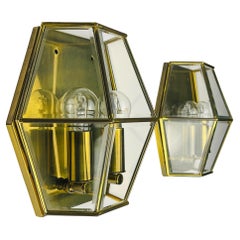 Hexagonal Gold Brass and Crystal Sconces, 1960s, Set of 2