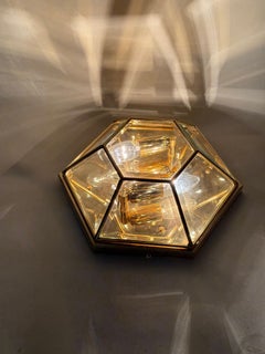Hexagonal Gold-Plated Flush Mount or Wall Lamp with Faceted Glass, Italy 1980s