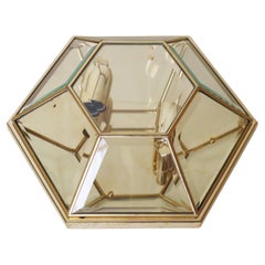 Hexagonal Gold-Plated Flush Mount or Wall Lamp with Faceted Glass, Italy 1980s