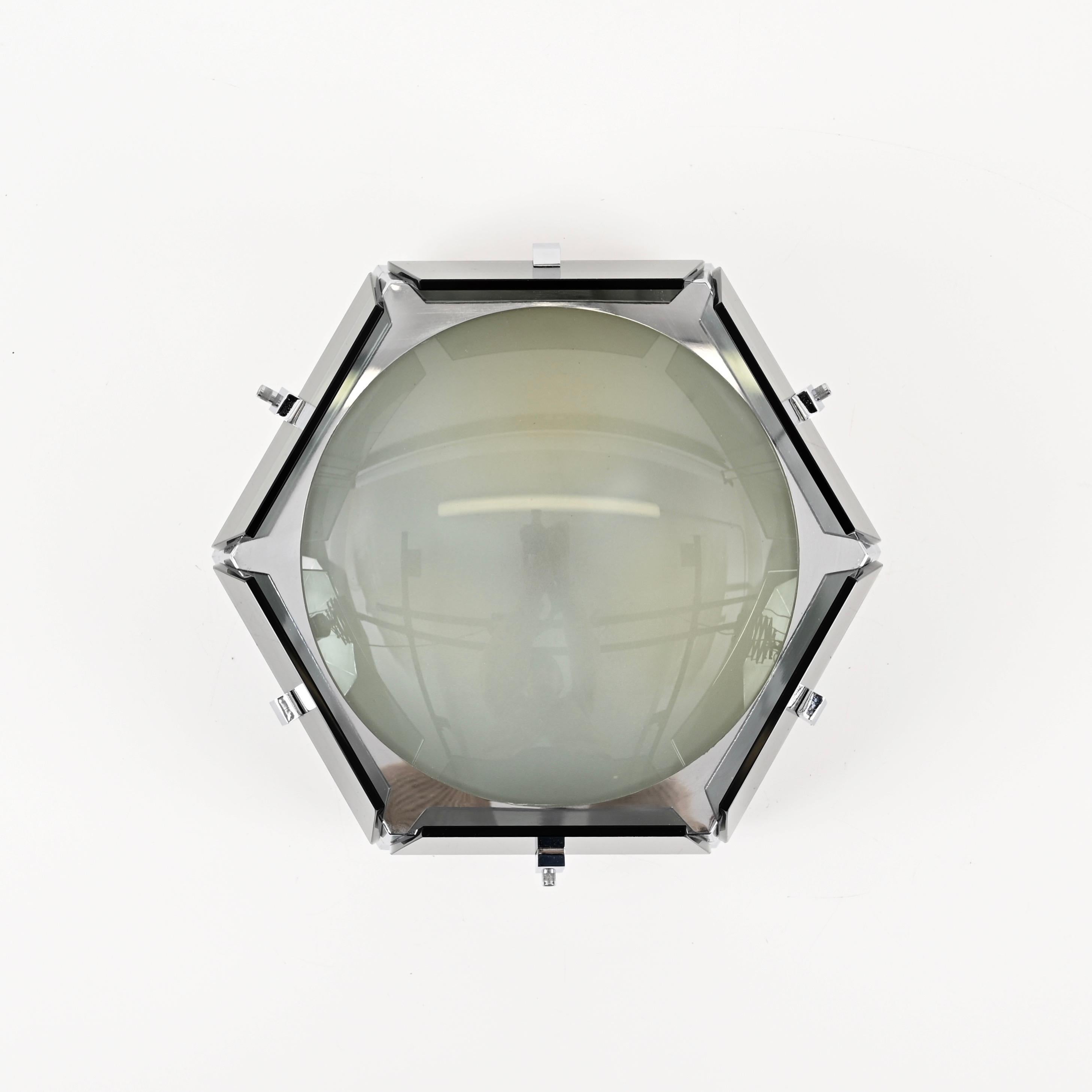 Hexagonal Green Glass and Chrome Ceiling or Wall Lamp by Veca, Italy 1970s 3
