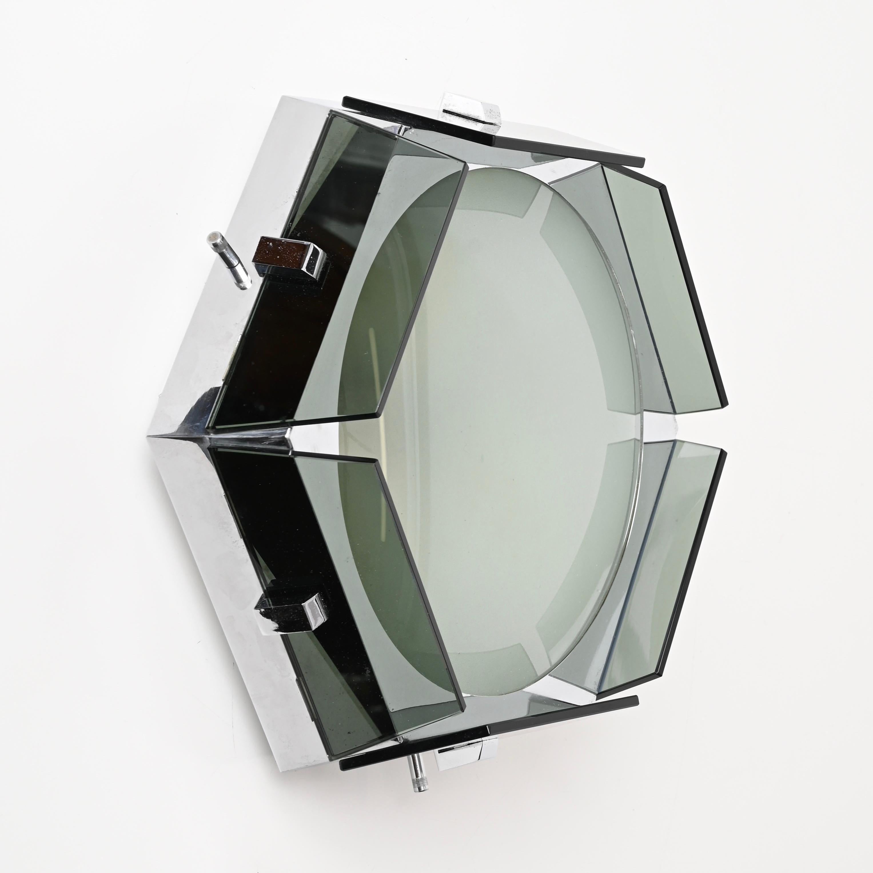 Hexagonal Green Glass and Chrome Ceiling or Wall Lamp by Veca, Italy 1970s 4