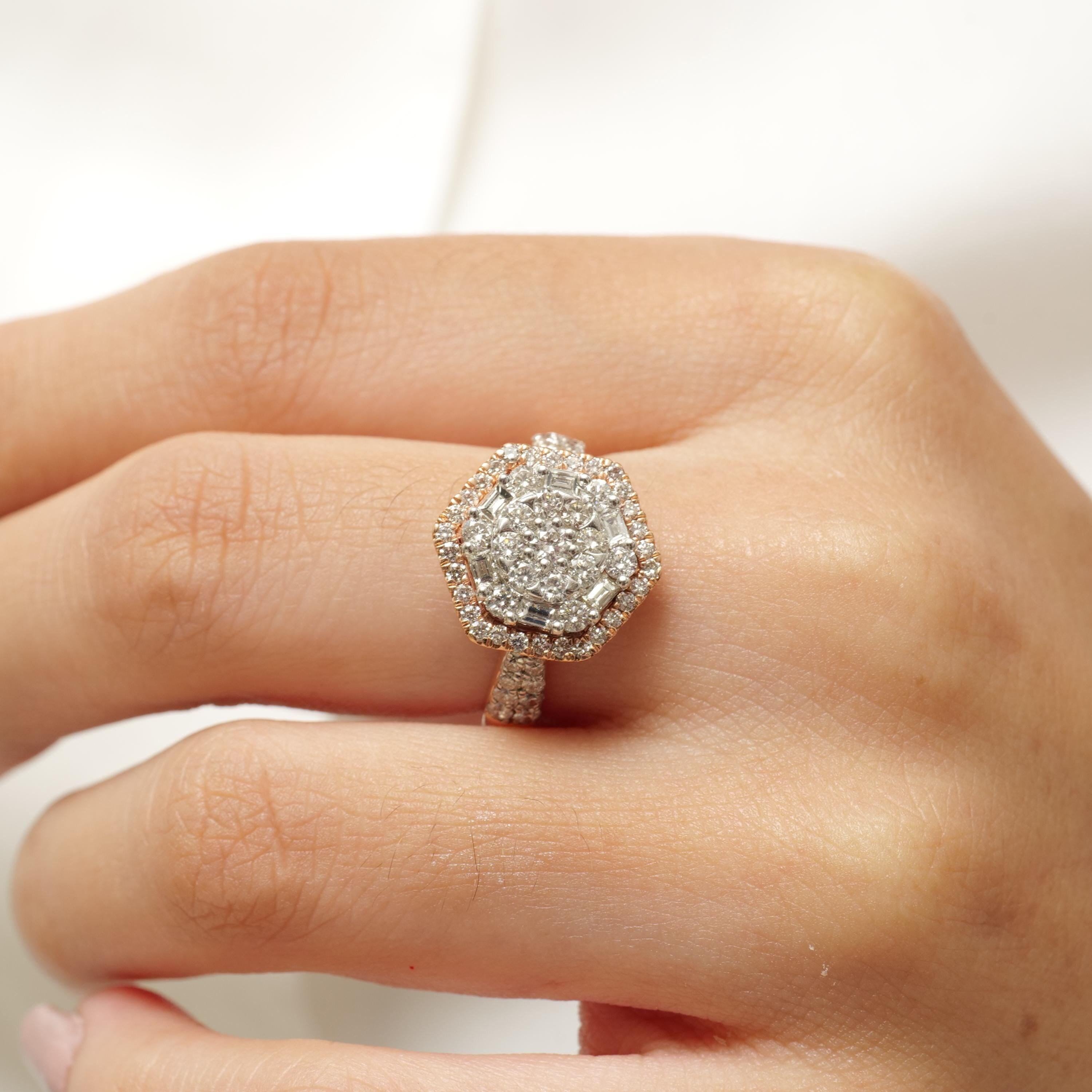 Art Déco Anello geometrico con diamante naturale a raggiera esagonale in oro massiccio 14k (certificato) in vendita