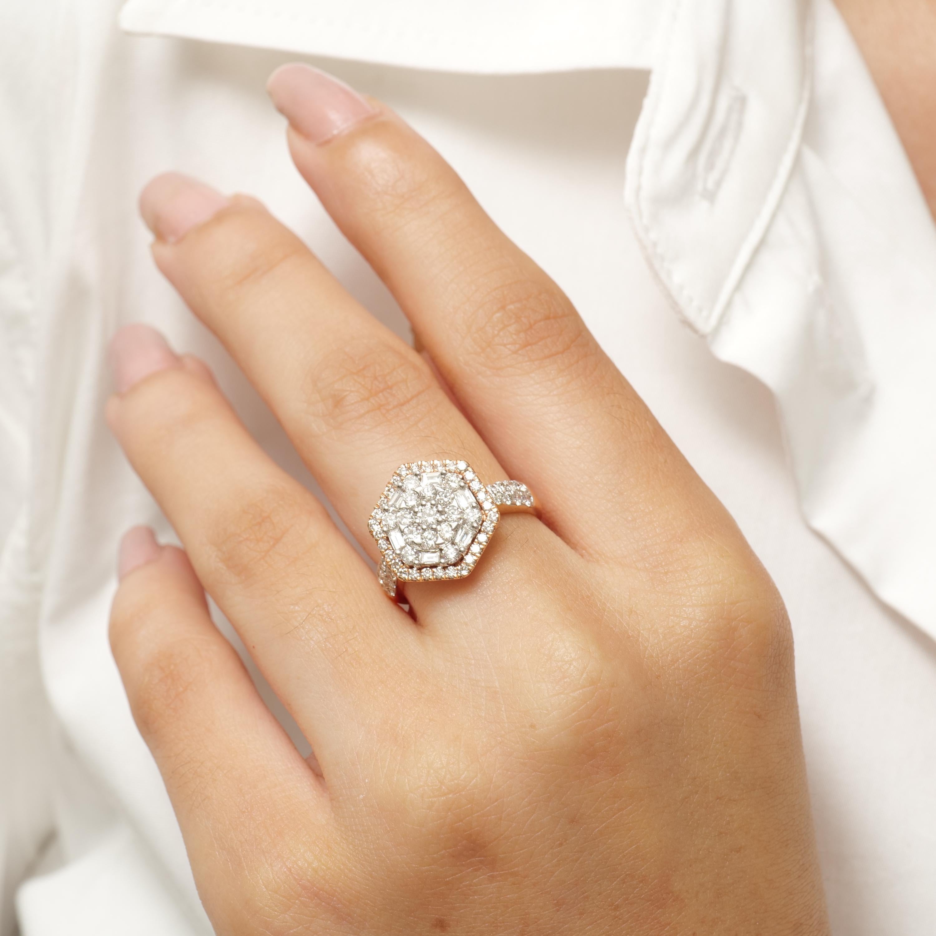 Taglio rotondo Anello geometrico con diamante naturale a raggiera esagonale in oro massiccio 14k (certificato) in vendita