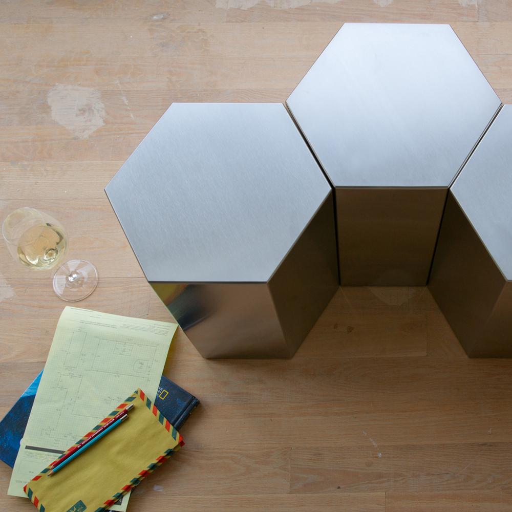 American Hexagonal Hand-Finished Stainless Steel Table For Sale