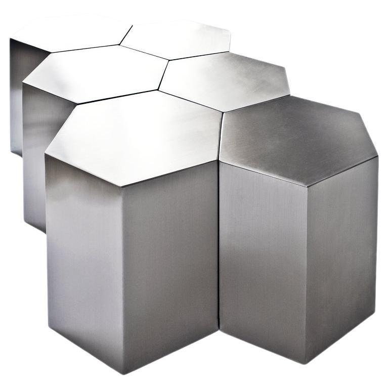 Hexagonal Hand-Finished Stainless Steel Table For Sale