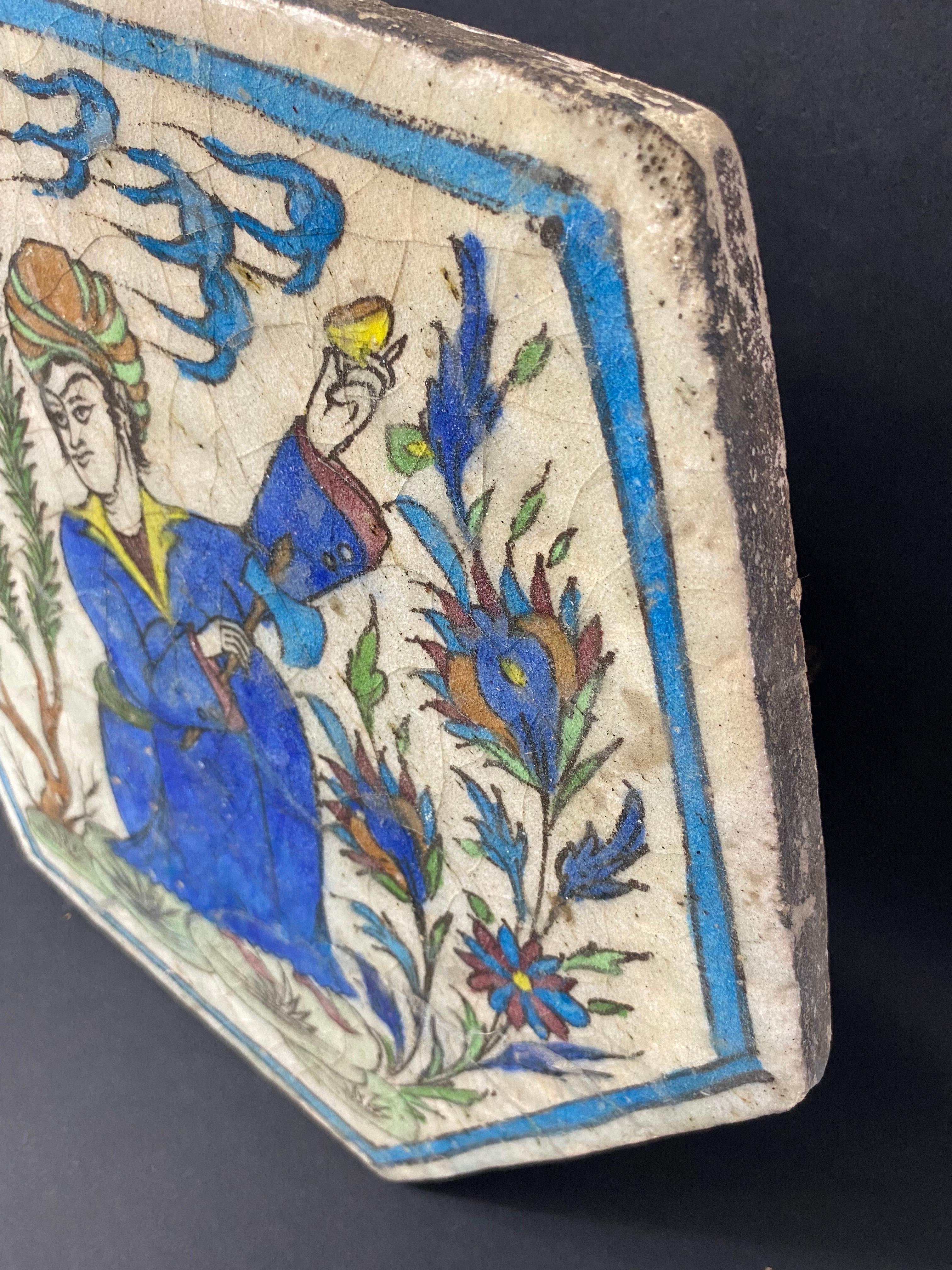 Hexagonal hand-painted earthenware tile - Qadjar Kadjar period - Asia For Sale 3