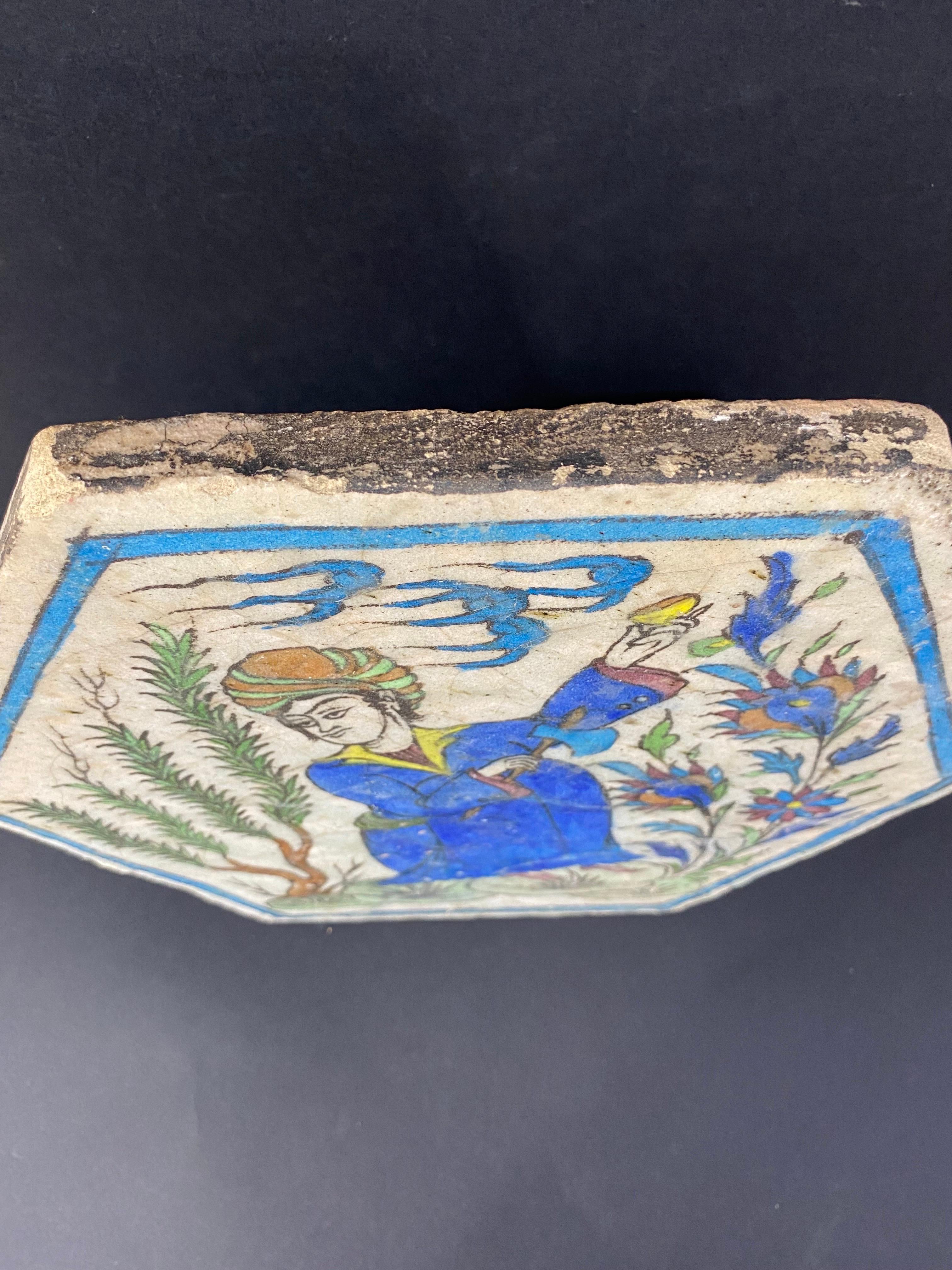 Hexagonal hand-painted earthenware tile - Qadjar Kadjar period - Asia For Sale 4