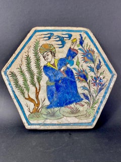 Hexagonal hand-painted earthenware tile - Qadjar Kadjar period - Asia
