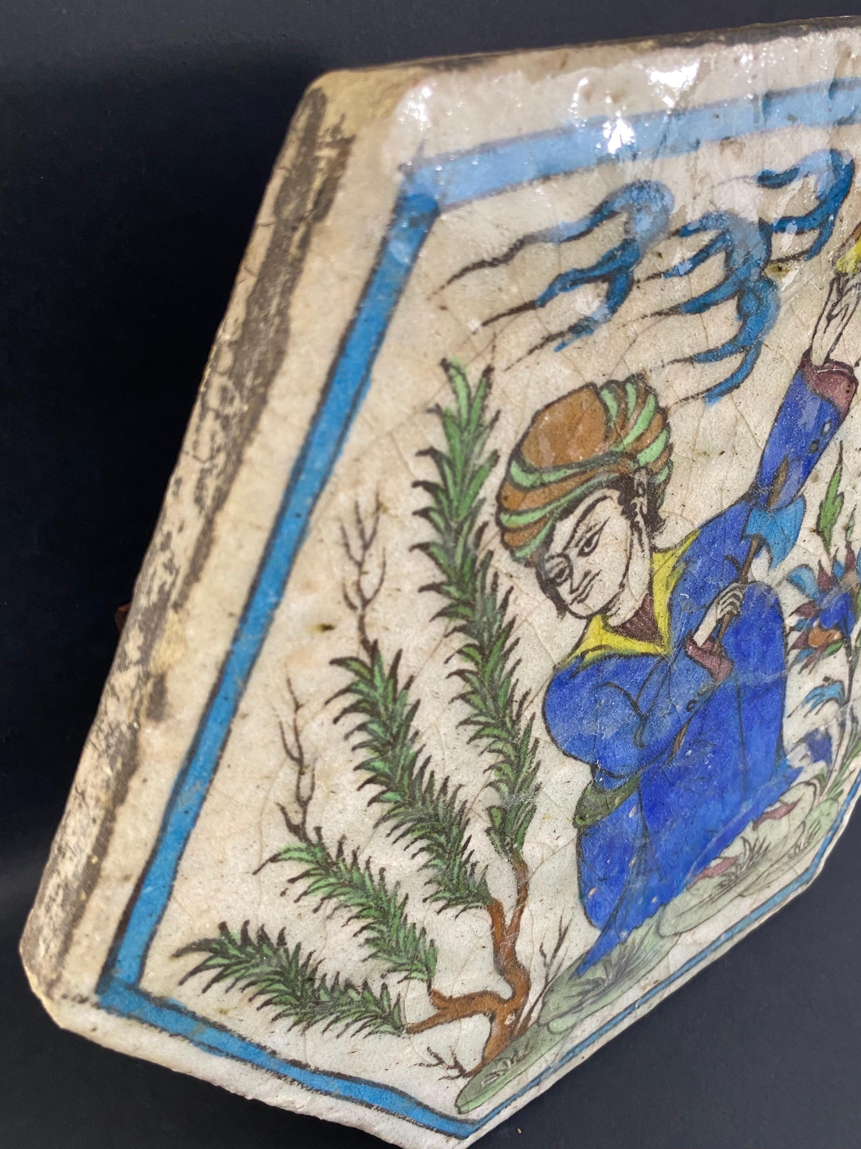 Enameled Hexagonal hand-painted earthenware tile - Qadjar Kadjar period - Asia For Sale