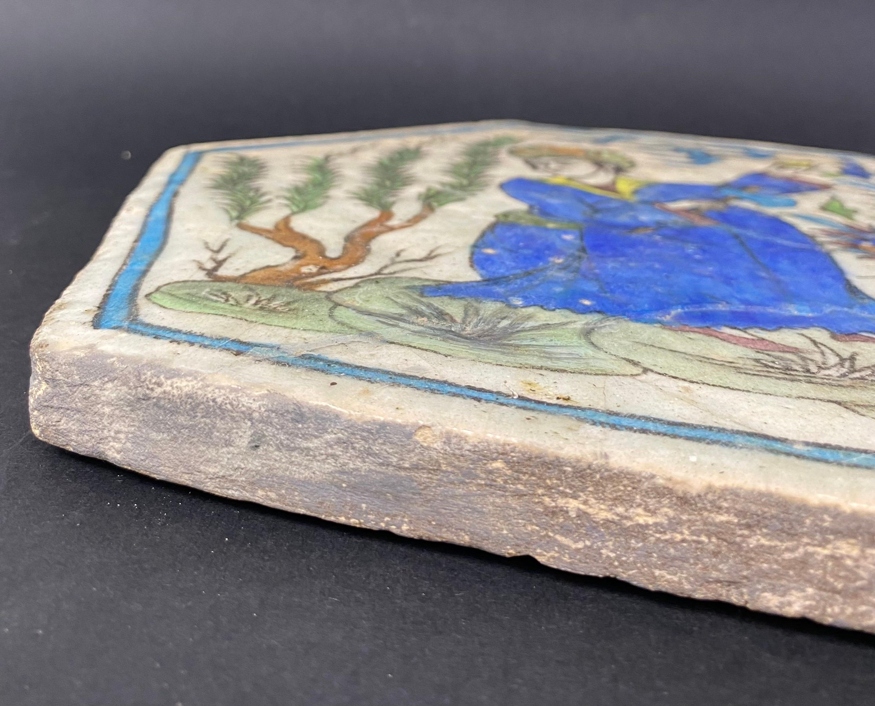 Faience Hexagonal hand-painted earthenware tile - Qadjar Kadjar period - Asia For Sale