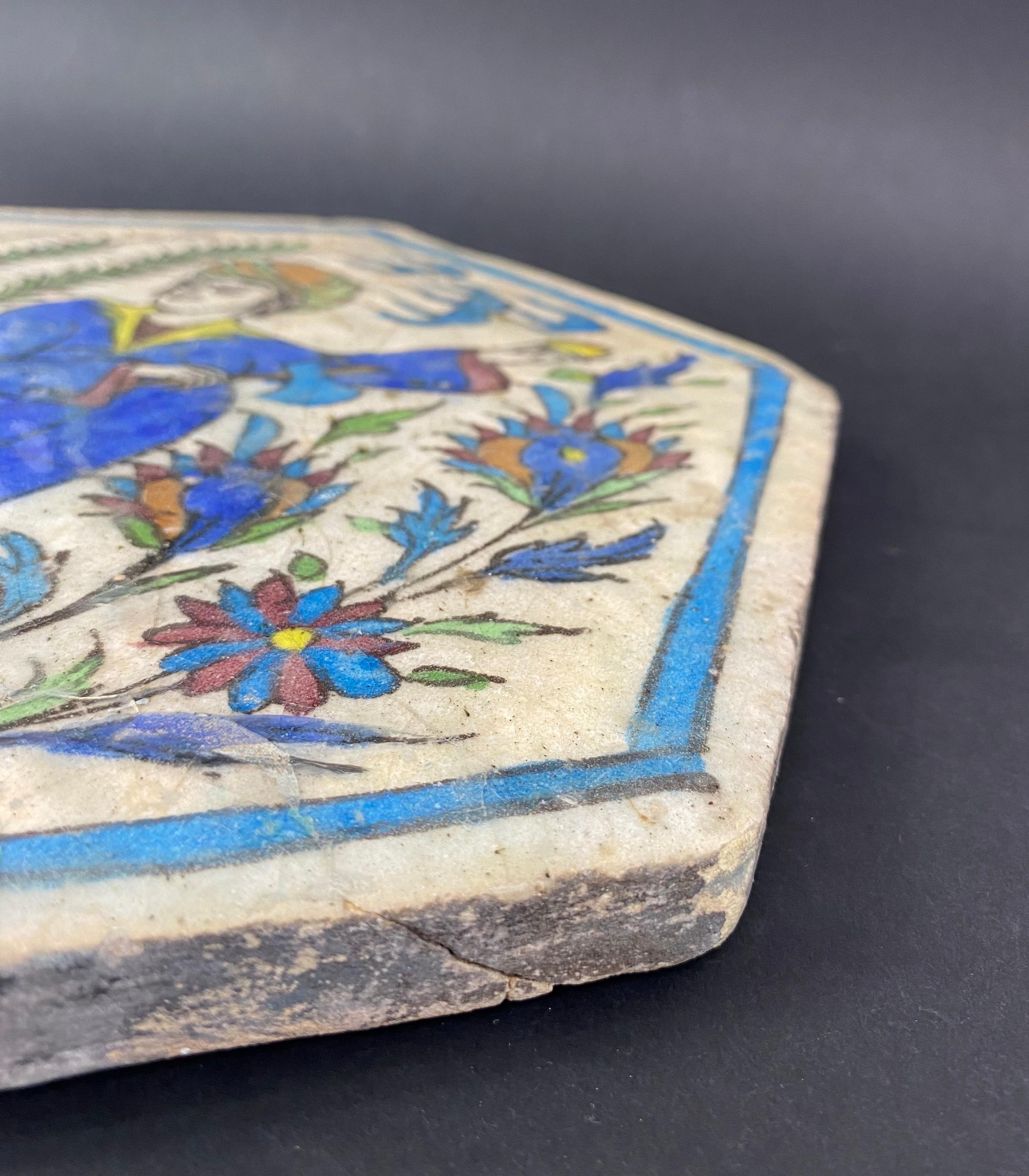 Hexagonal hand-painted earthenware tile - Qadjar Kadjar period - Asia For Sale 1