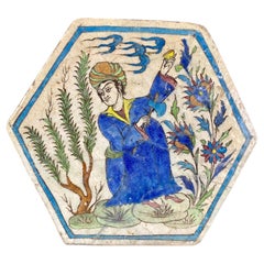 Hexagonal hand-painted earthenware tile - Qadjar Kadjar period - Asia