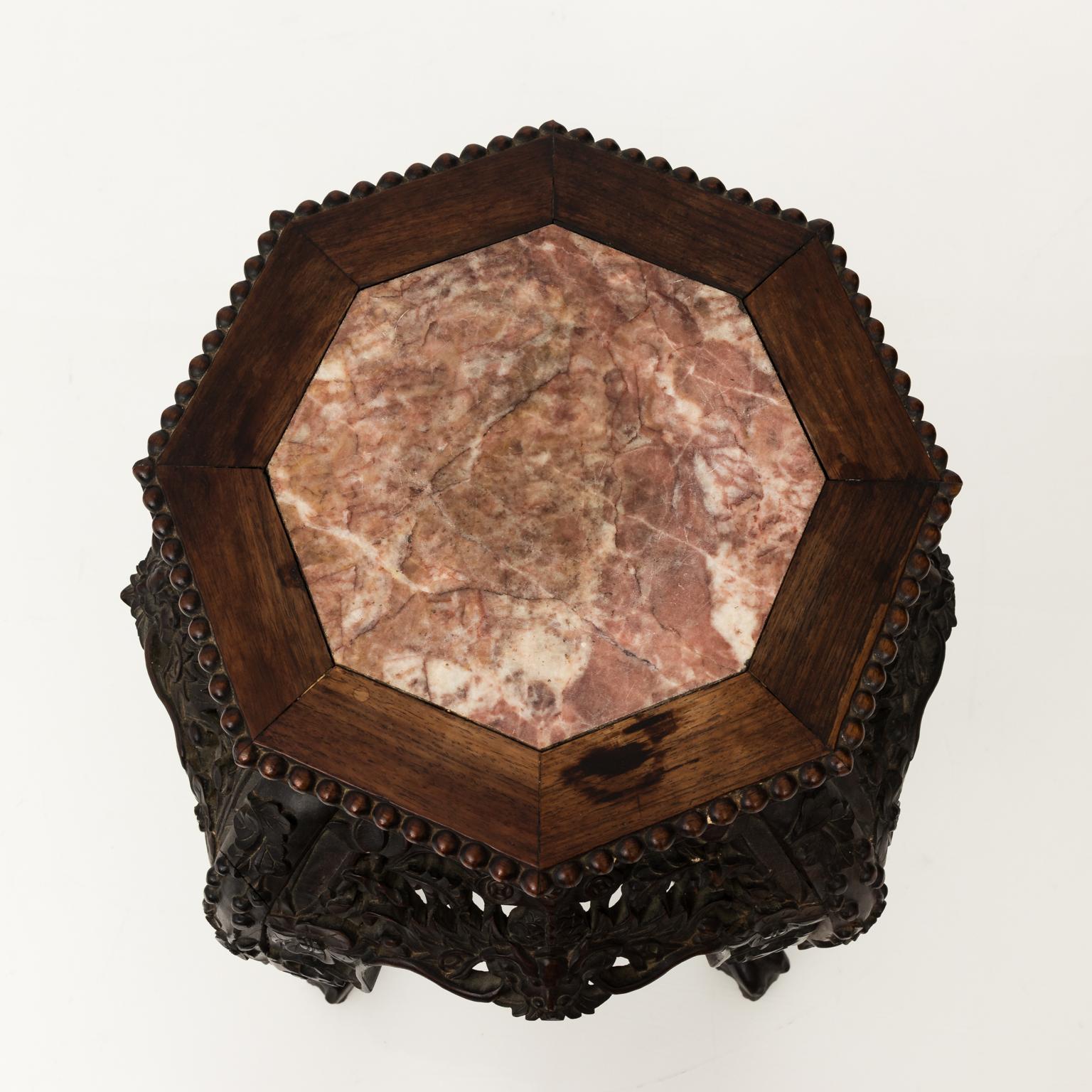 Carved Hexagonal Hardwood Chinese Export Side Table, circa 1870