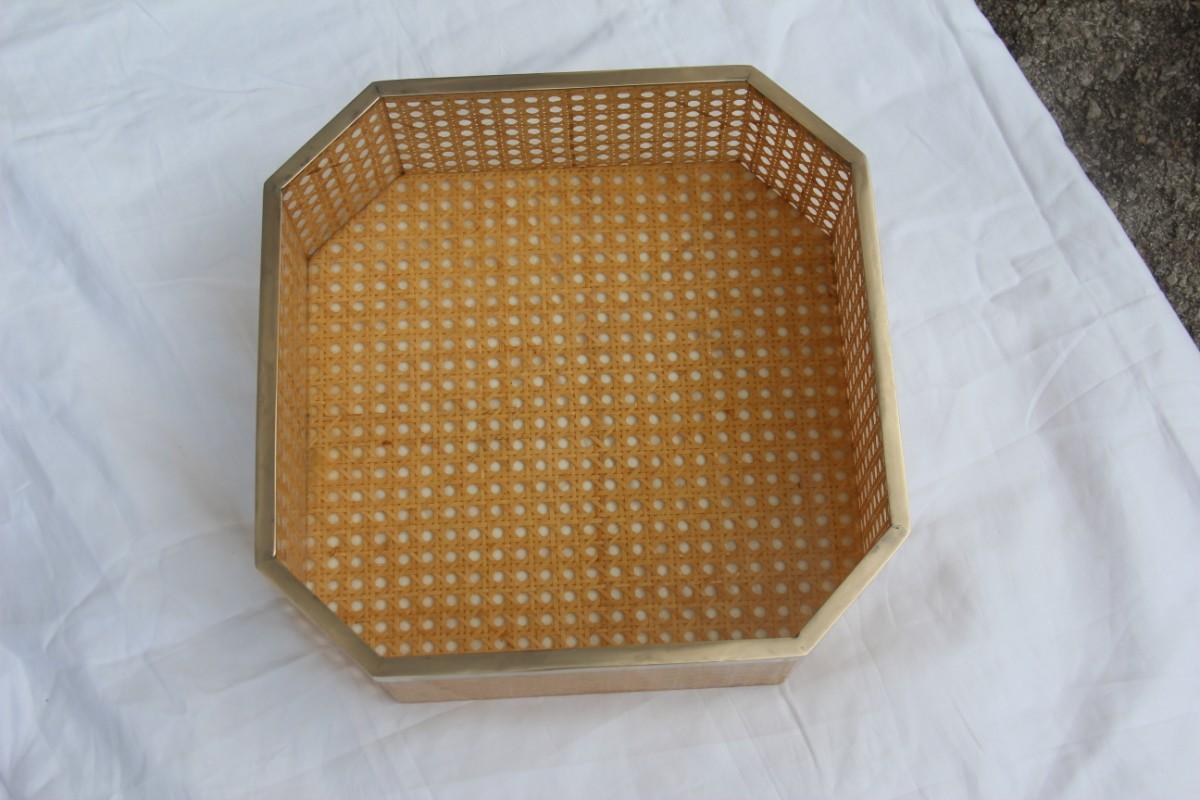 Hexagonal Italian Tray Vienna Straw Lucite Brass Parts Italian Design, 1970s (Messing)