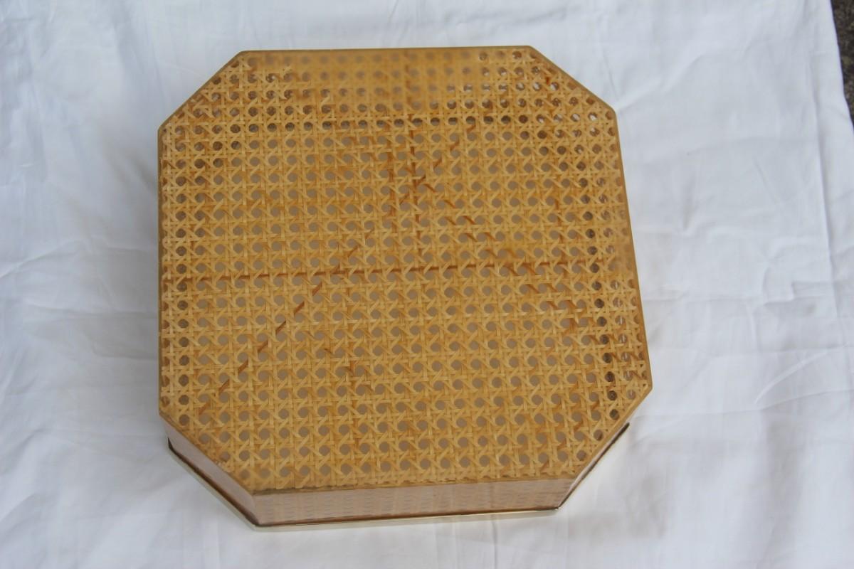 Hexagonal Italian Tray Vienna Straw Lucite Brass Parts Italian Design, 1970s 1