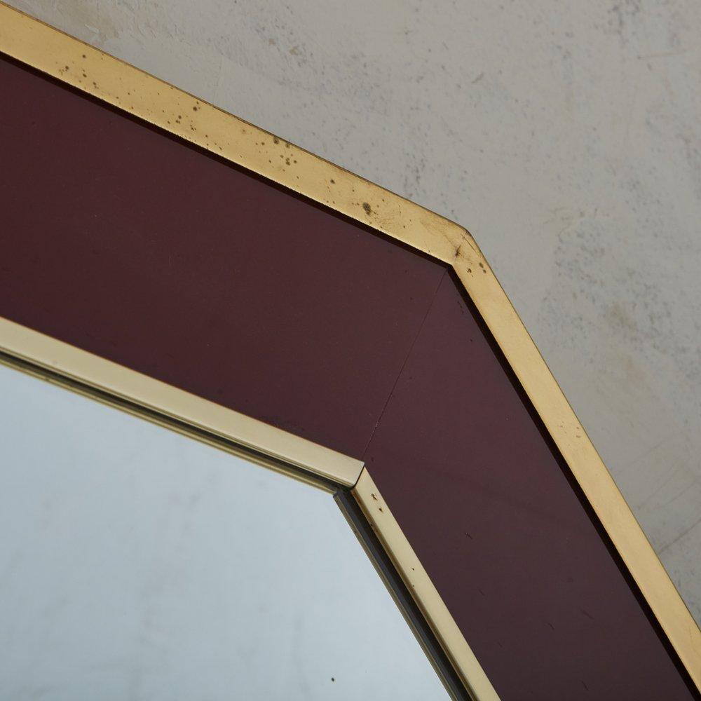 Hexagonal Lacquered Burgundy + Brass Mirror, France, 1970s For Sale 5