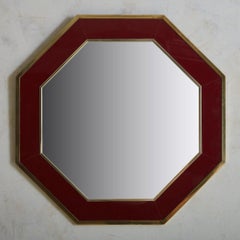 Hexagonal Lacquered Burgundy + Brass Mirror, France, 1970s