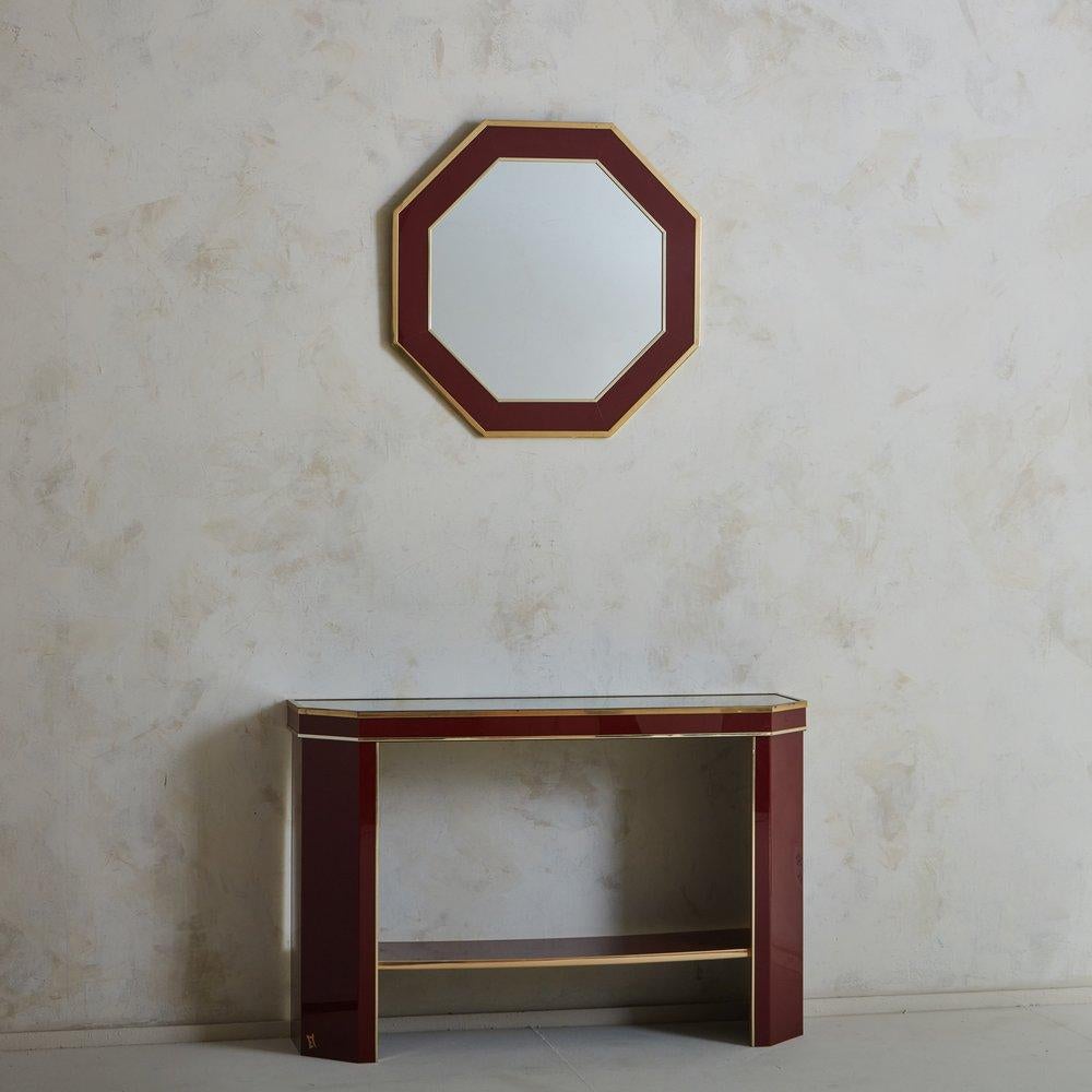 Mid-Century Modern Hexagonal Lacquered Burgundy + Brass Mirror, France, 1970s For Sale