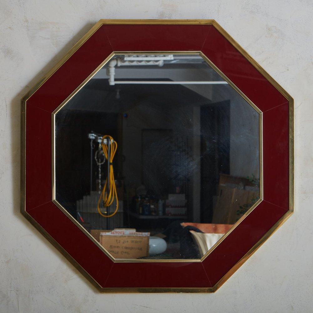 French Hexagonal Lacquered Burgundy + Brass Mirror, France, 1970s For Sale