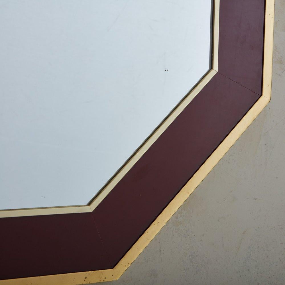 Hexagonal Lacquered Burgundy + Brass Mirror, France, 1970s In Good Condition For Sale In Chicago, IL