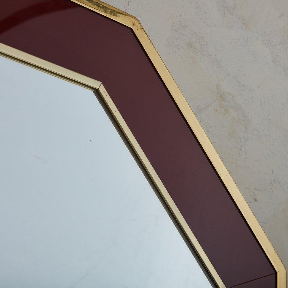 Late 20th Century Hexagonal Lacquered Burgundy + Brass Mirror, France, 1970s For Sale