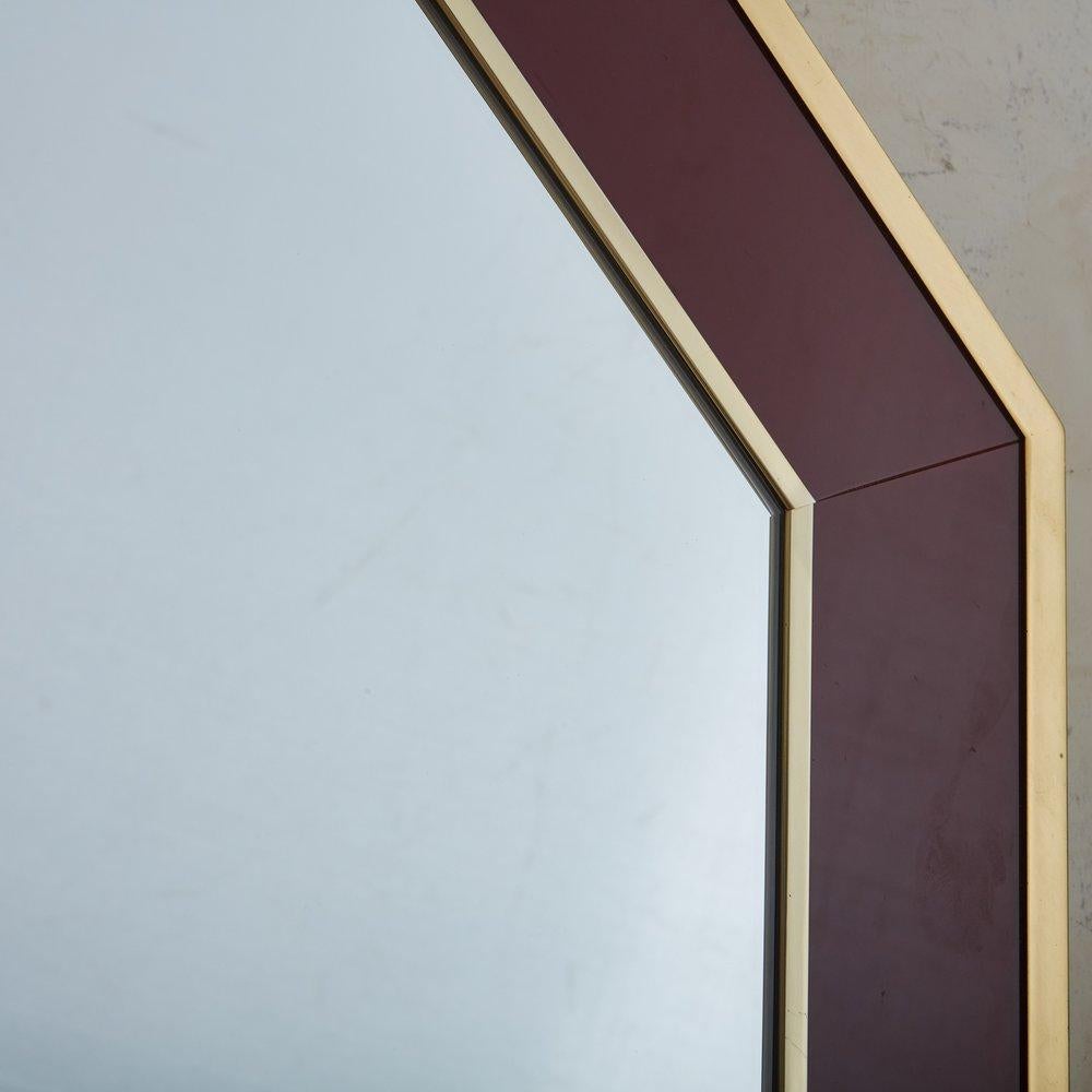 Hexagonal Lacquered Burgundy + Brass Mirror, France, 1970s For Sale 1