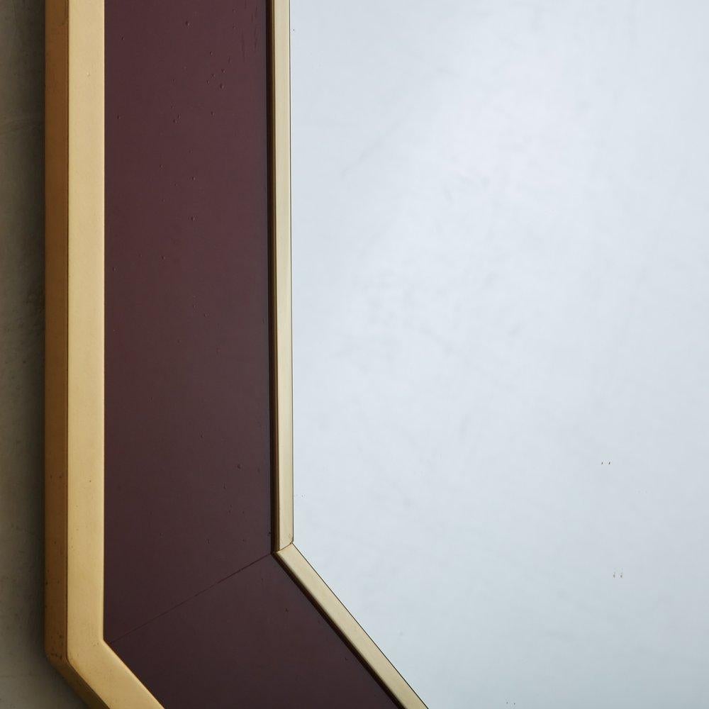Hexagonal Lacquered Burgundy + Brass Mirror, France, 1970s For Sale 3