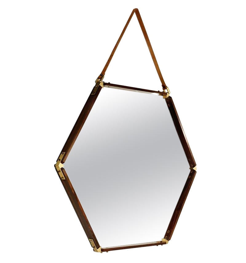 1960s Italian Mid-Century Modern Hexagonal Mirror in Wood & Brass