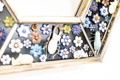 Hexagonal Mirror, Hand Painted Ceramic Flowers and Insects over White Metal