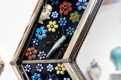 Hexagonal Mirror, Hand Painted Ceramic Flowers and Insects over White Metal