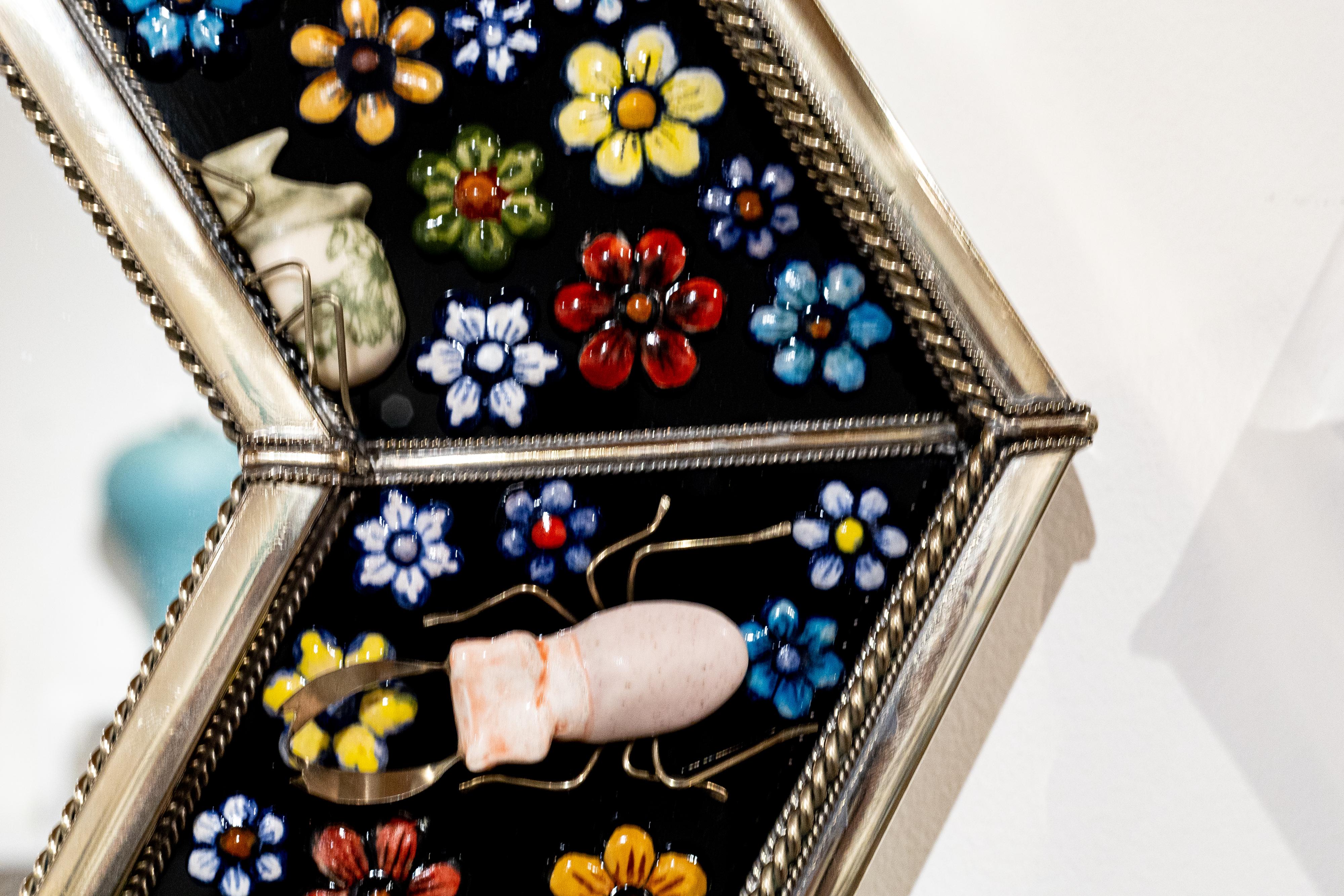 Glazed Hexagonal Mirror, Hand Painted Ceramic Flowers and Insects over White Metal