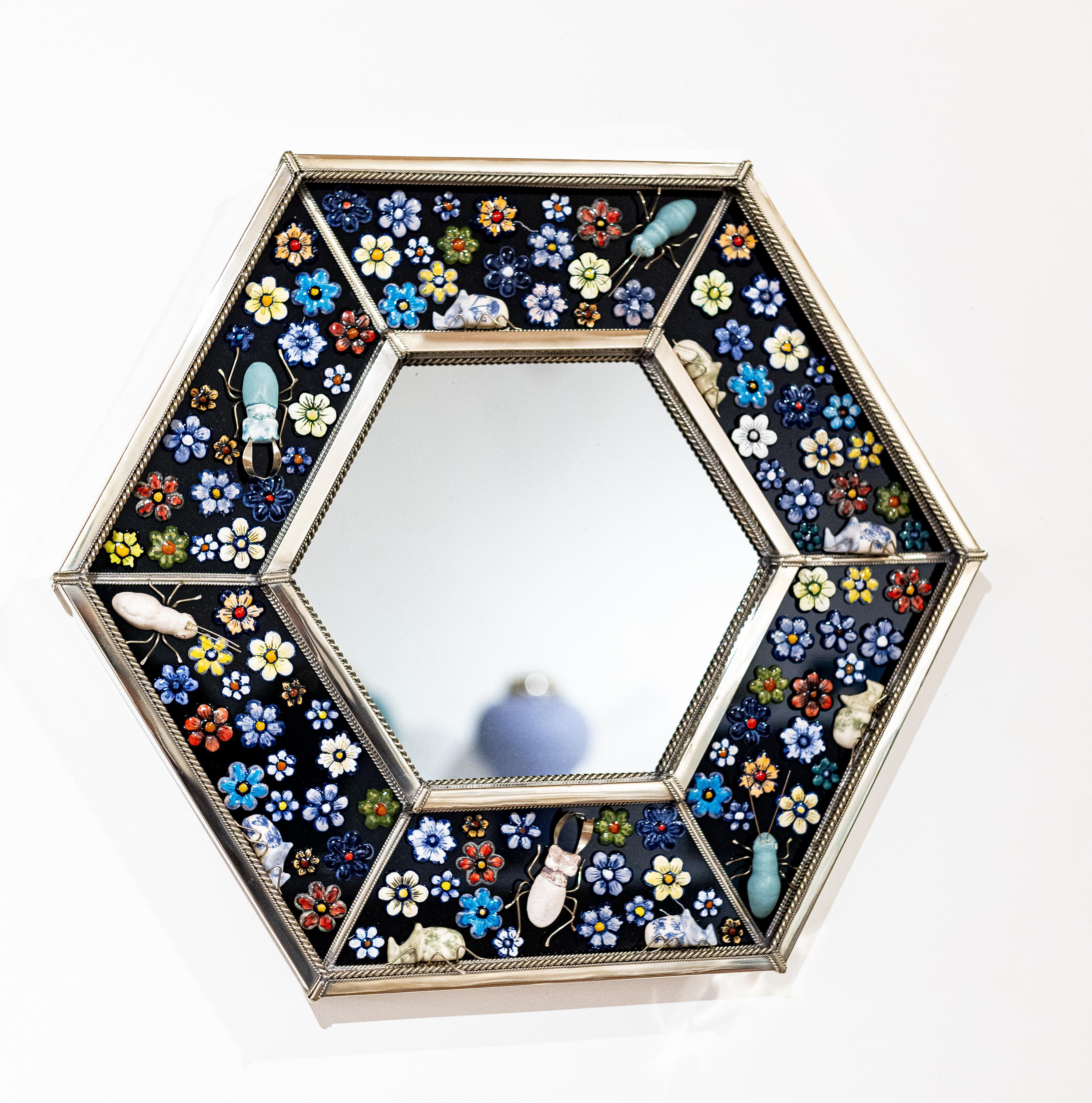 Contemporary Hexagonal Mirror, Hand Painted Ceramic Flowers and Insects over White Metal