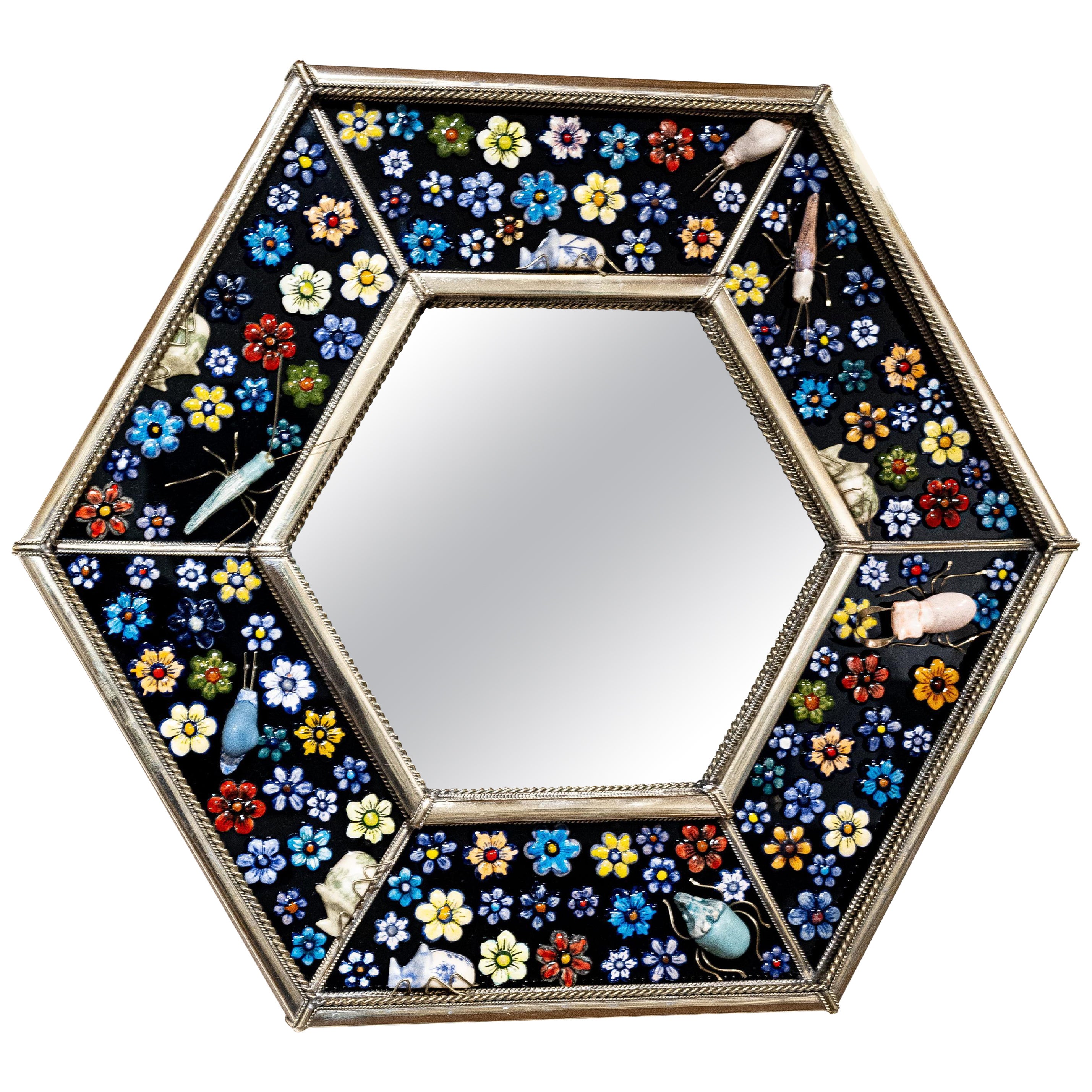 Hexagonal Mirror, Hand Painted Ceramic Flowers and Insects over White Metal