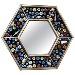 Hexagonal Mirror, Hand Painted Ceramic Flowers and Insects over White Metal