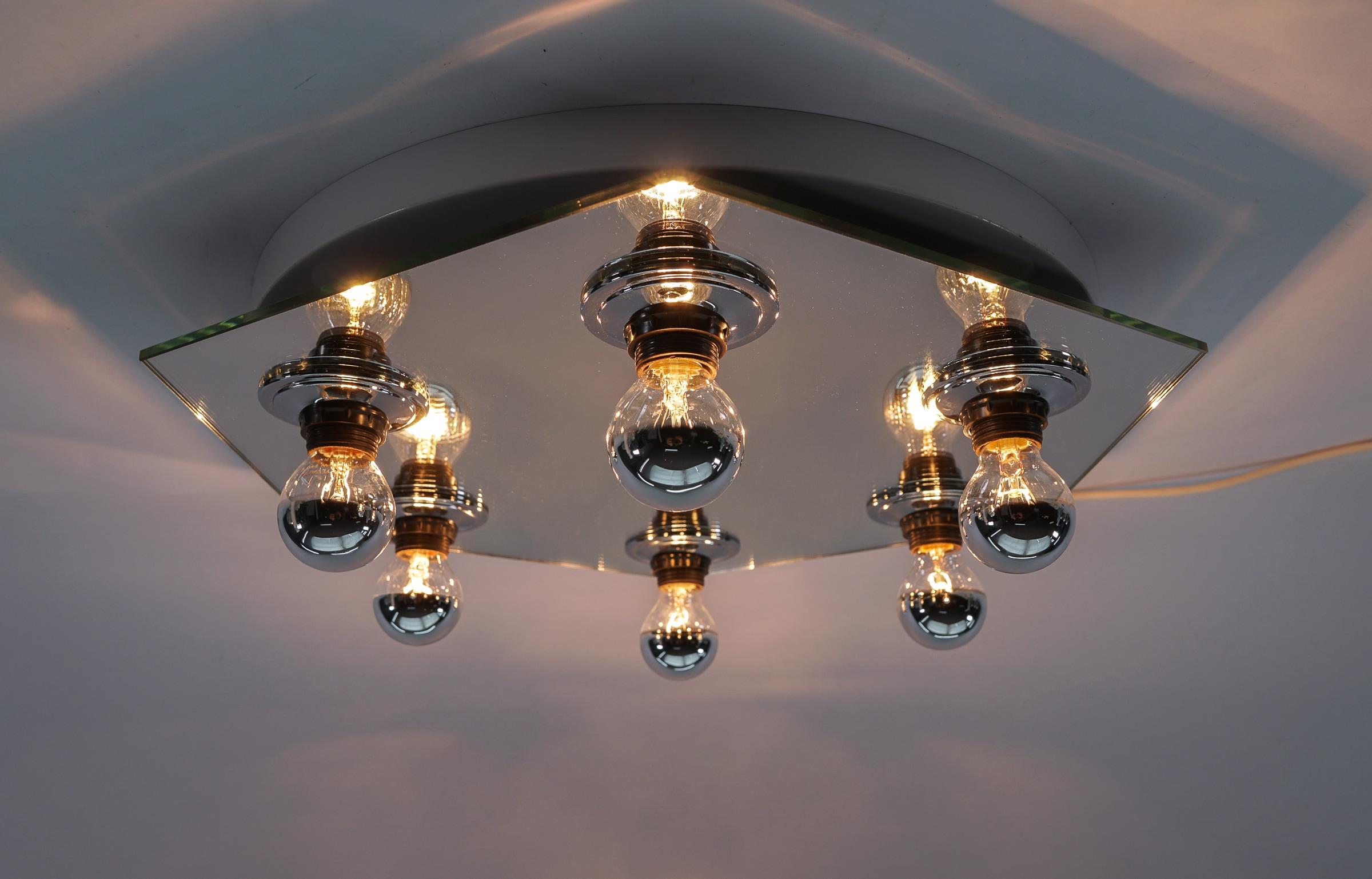 Metal Hexagonal Mirrored Ceiling Lamp With Six Light Bulbs, 1970s Italy For Sale