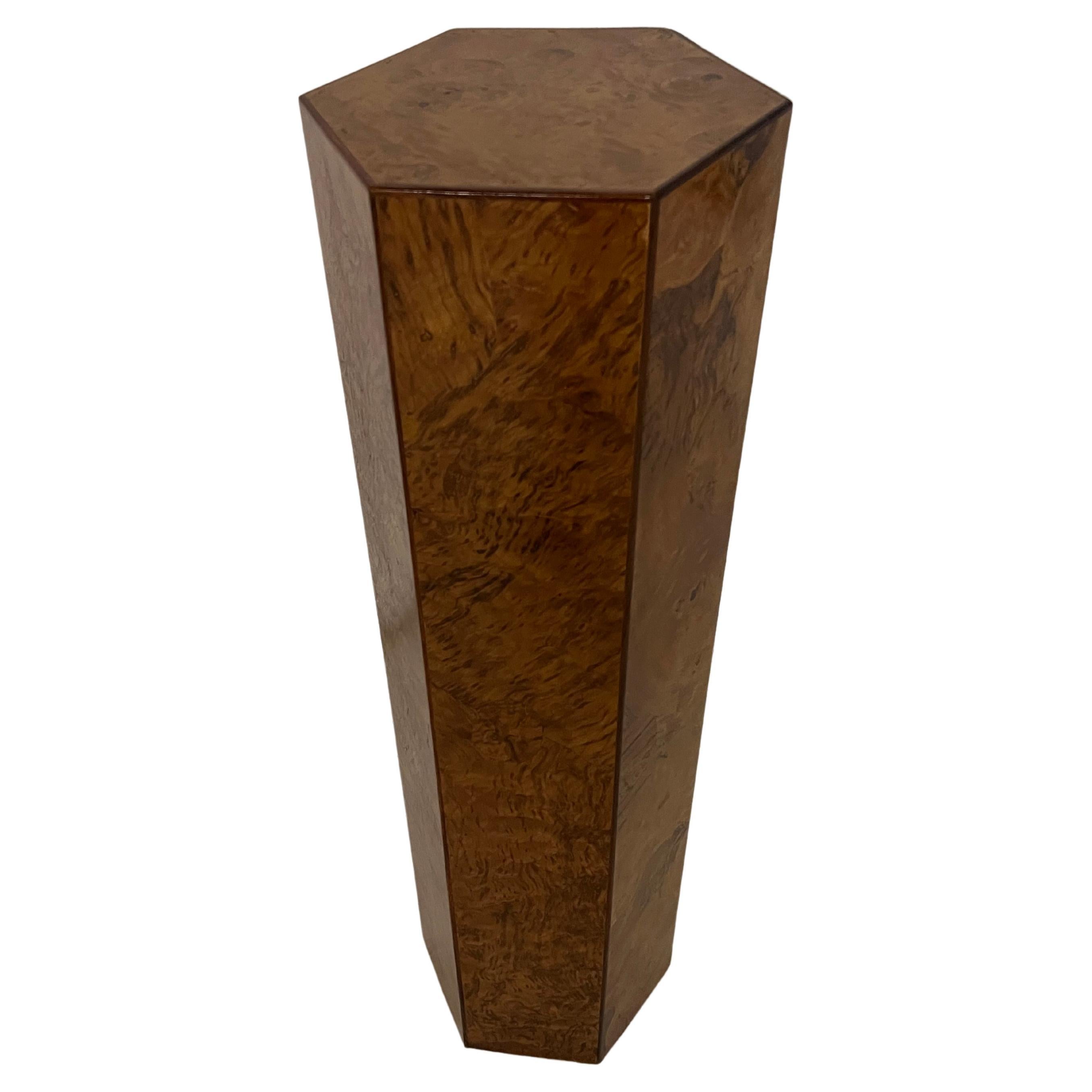 Hexagonal Modern Burlwood Pedestal in the Style of Milo Baughman