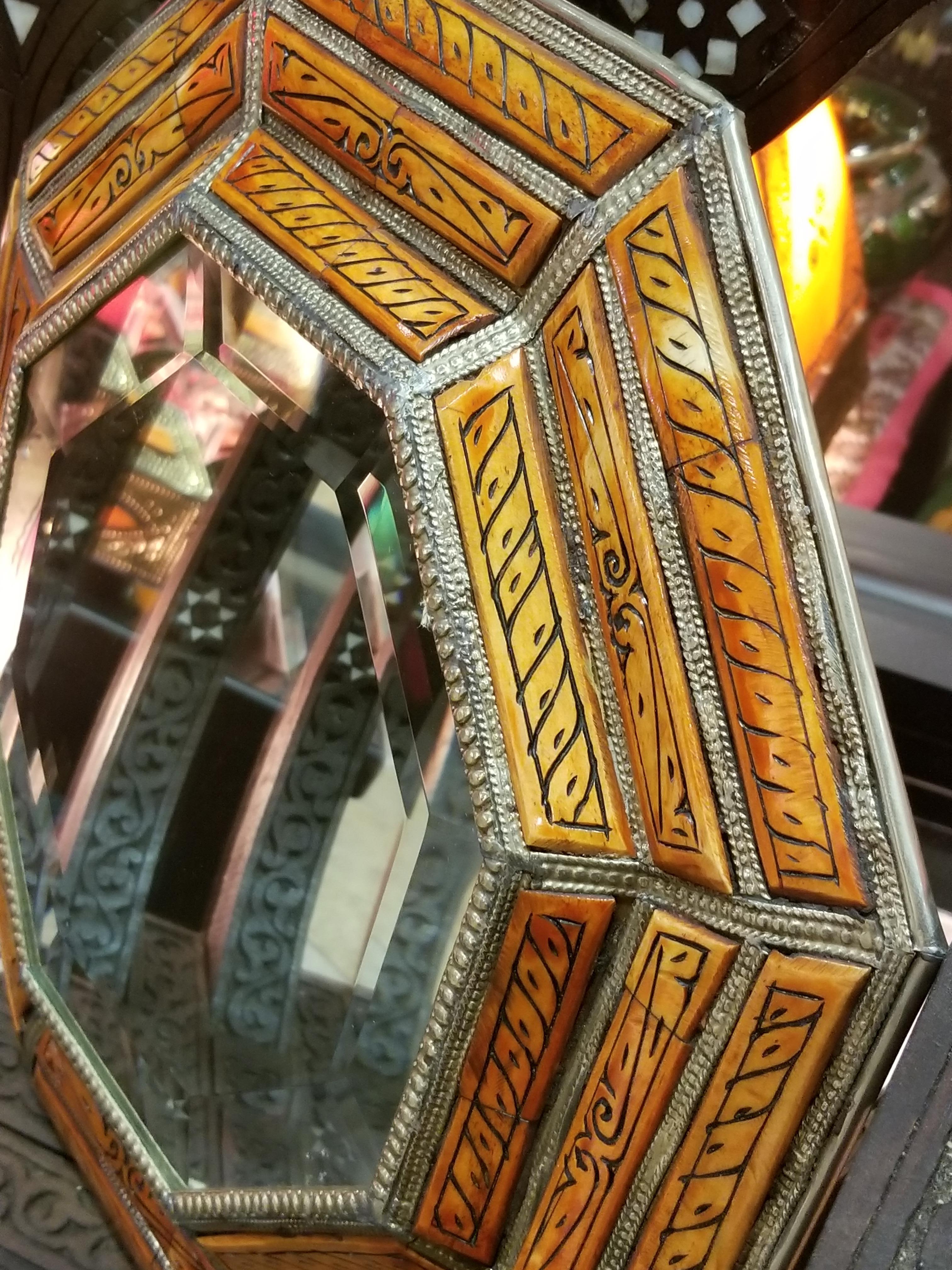 Hexagonal Orange Dye Camel Bone Mirror, Beveled In New Condition In Orlando, FL