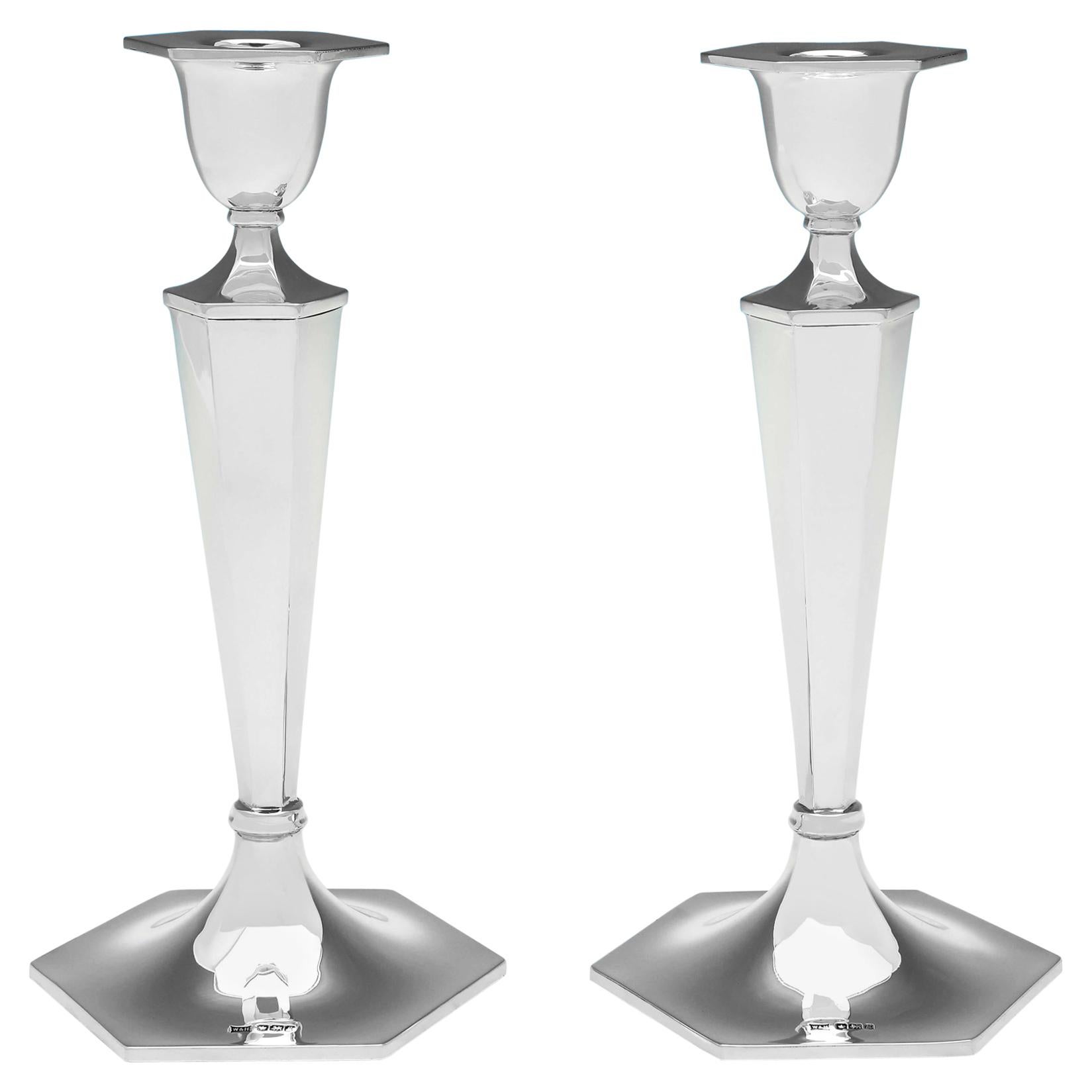 Hexagonal Pair of Sterling Silver Candlesticks by Walker & Hall, 1924