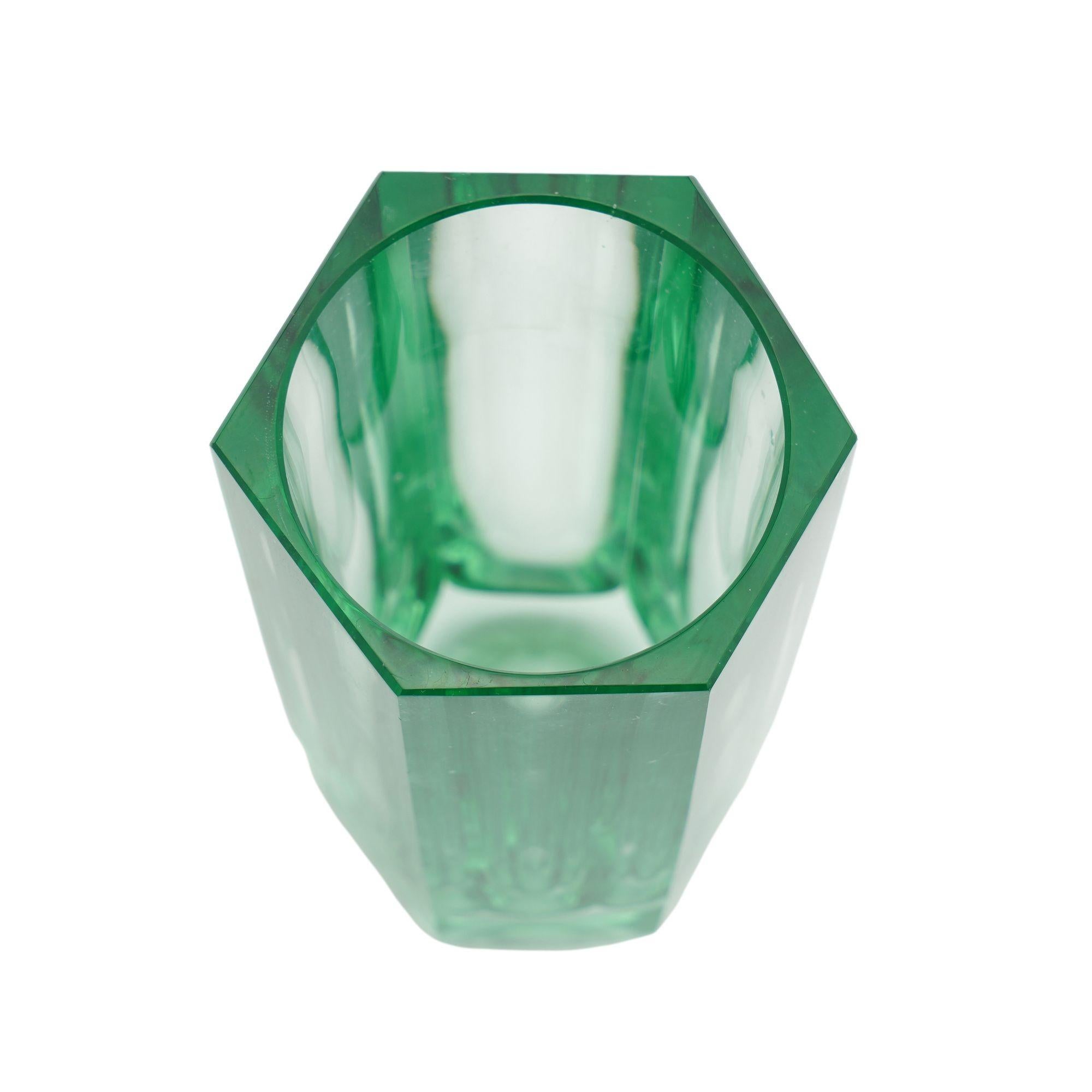 19th Century Hexagonal pane cut acid green art glass vase, c. 1950-70 For Sale
