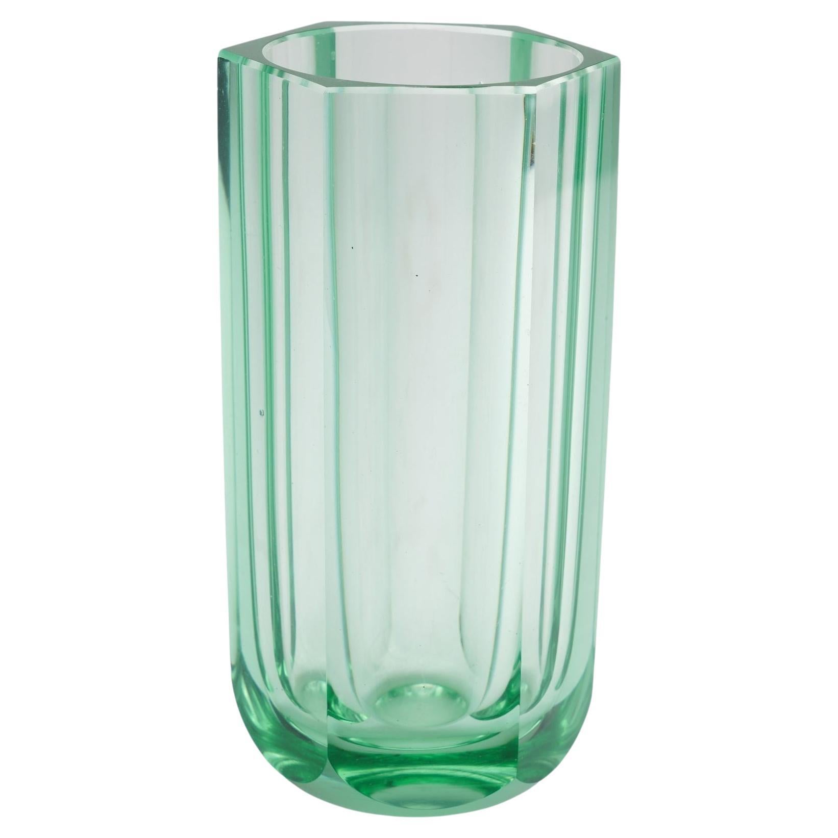 Hexagonal pane cut acid green art glass vase, c. 1950-70 For Sale