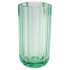 Vintage Hexagonal pane cut acid green art glass vase, c. 1950-70