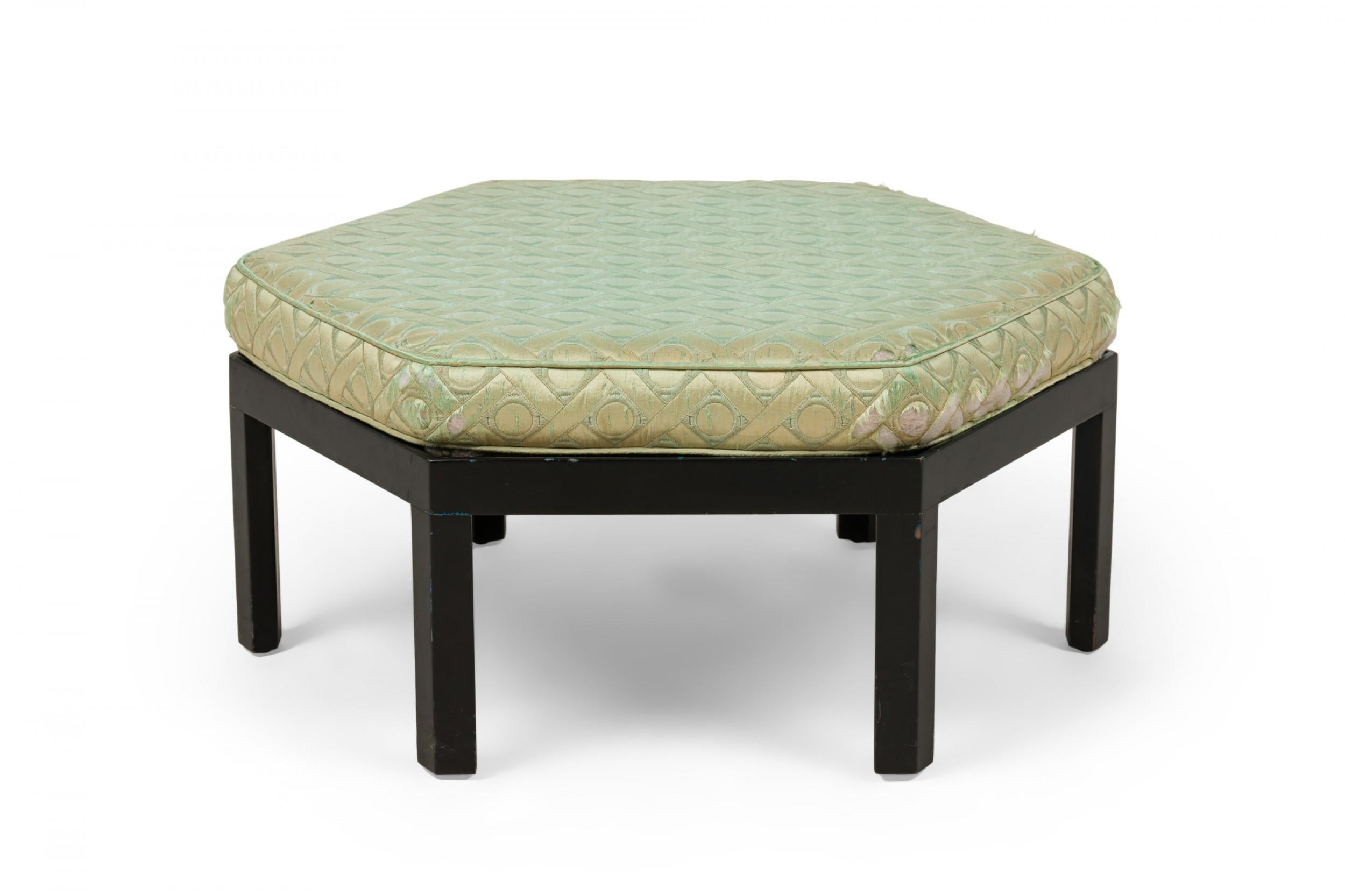 Mid-Century Modern Hexagonal Park Wood Ottoman with Mint Green Upholstered Cushion For Sale