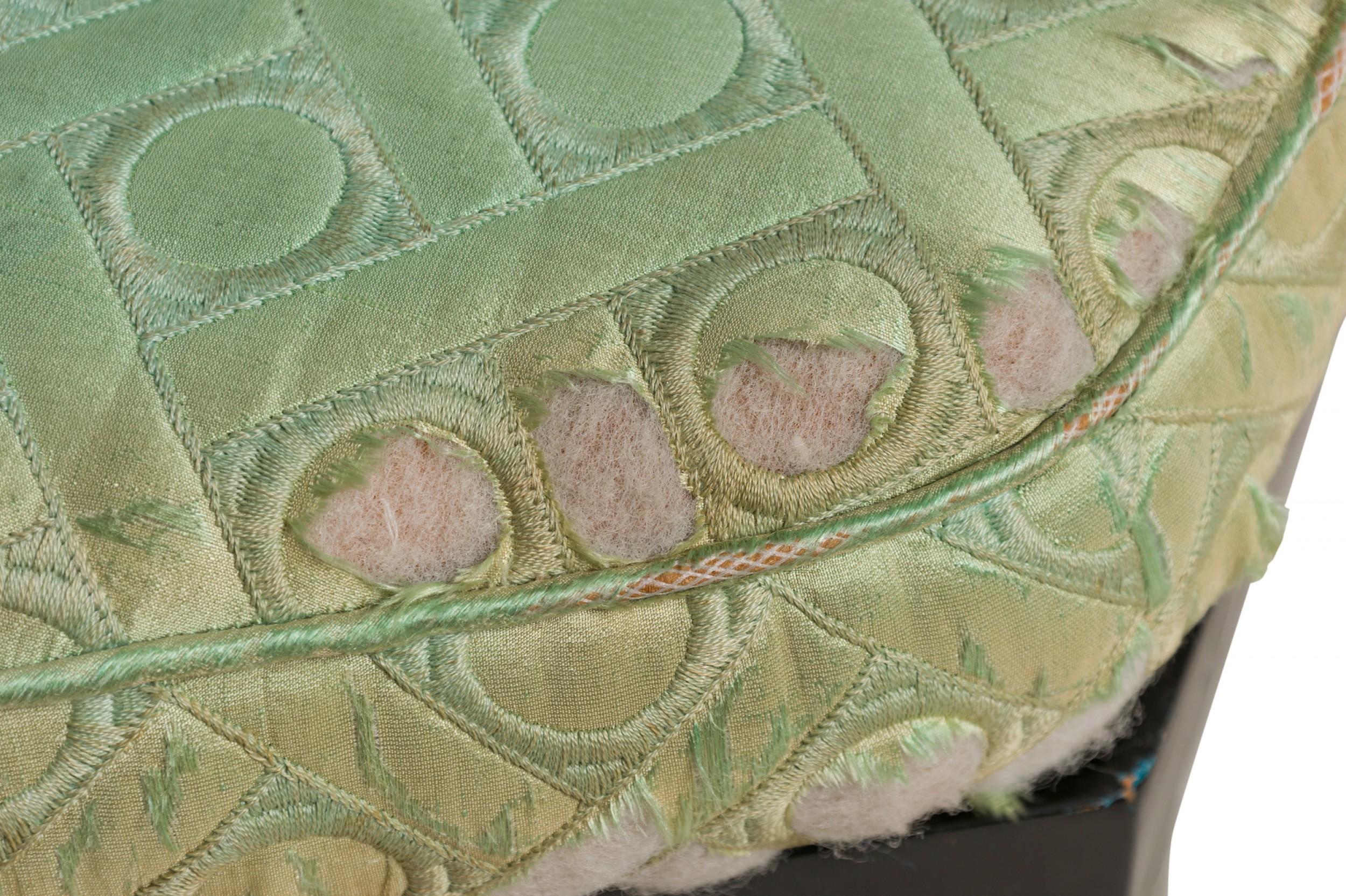 Hand-Crafted Hexagonal Park Wood Ottoman with Mint Green Upholstered Cushion For Sale