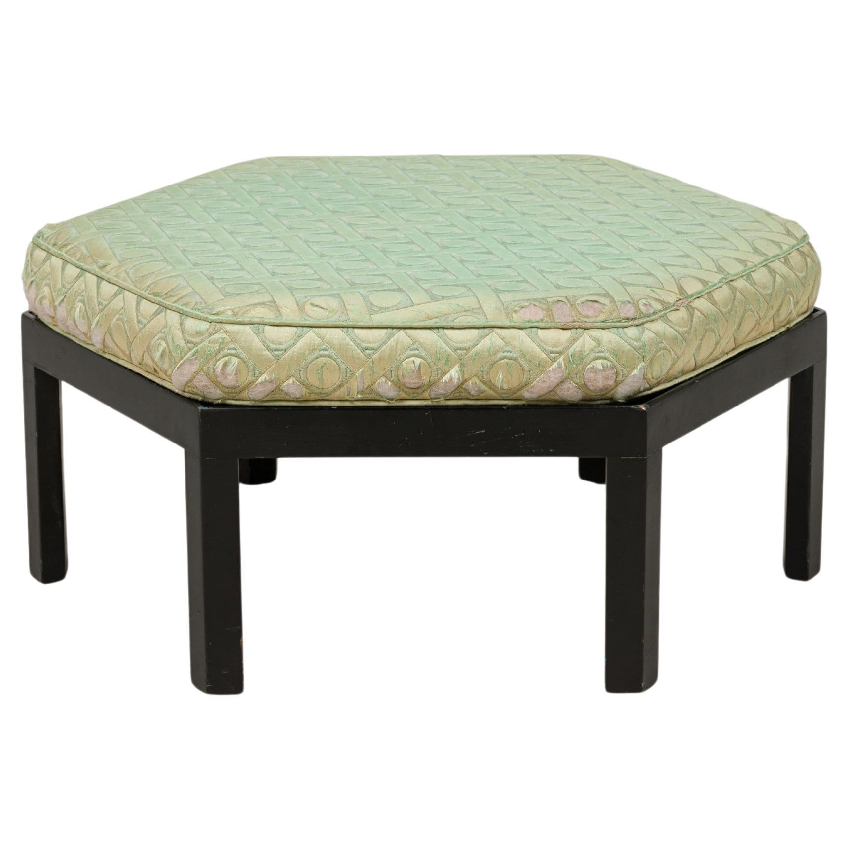 Hexagonal Park Wood Ottoman with Mint Green Upholstered Cushion For Sale